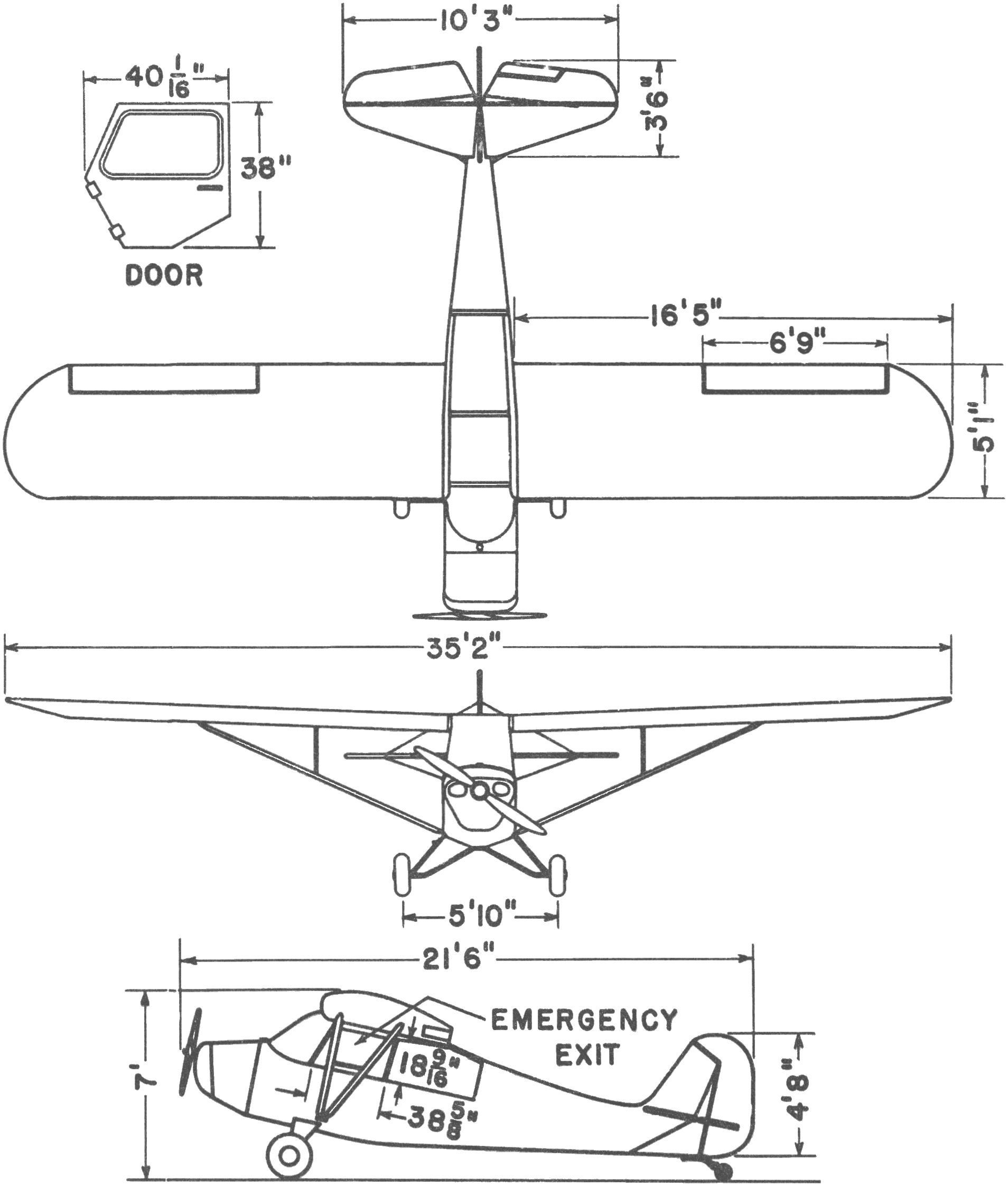 Three-view line drawing of the Aeronca L-16, the military Champion, from the US Air Force erection and maintenance manual: side elevation, front elevation and plan view with principal dimensions in feet and inches.