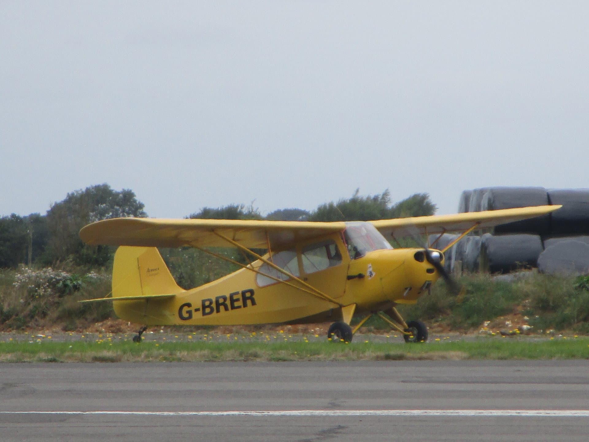A yellow Aeronca 7AC Champion taxiing on grass, tail low, front seat visibly occupied