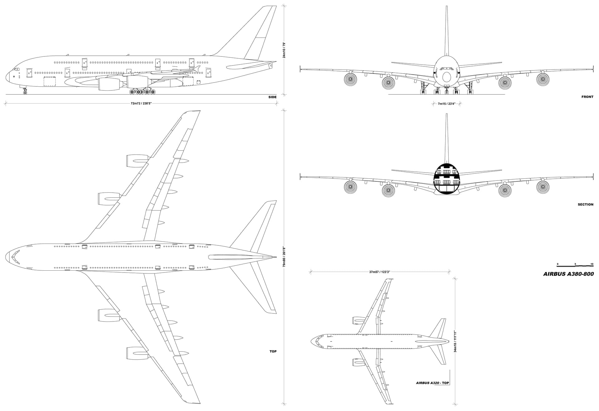Airbus A380-800 general-arrangement three-view drawing: side, front and plan views showing the full-length double-deck fuselage and four wing-mounted engines