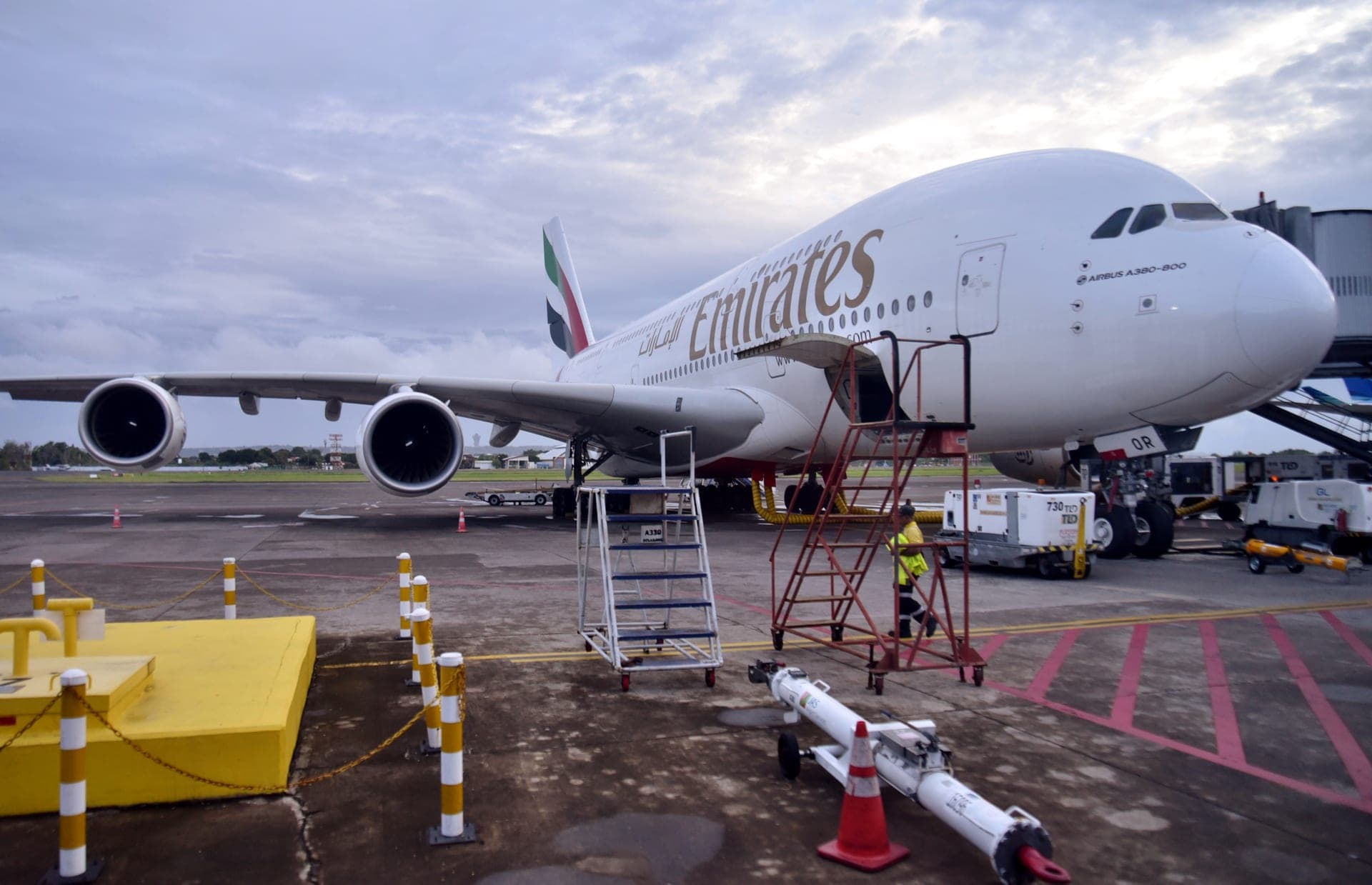 An Emirates Airbus A380-861 on the ground at Denpasar, Bali, in 2025: Emirates remains the type's largest operator years after Airbus ended production