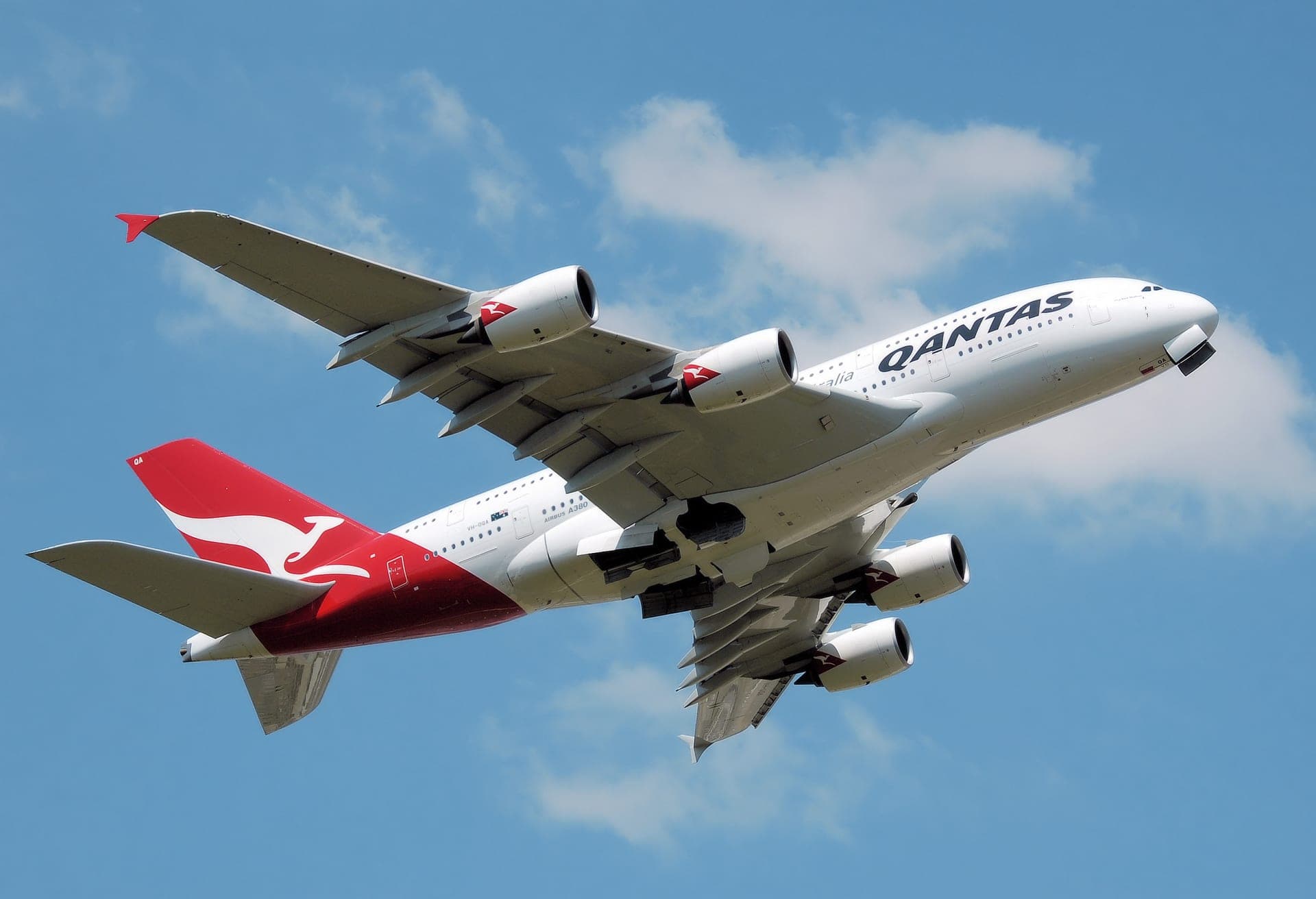 Qantas Airbus A380-842 VH-OQA taking off from London Heathrow, the aircraft that suffered an uncontained engine failure over Batam Island in November 2010