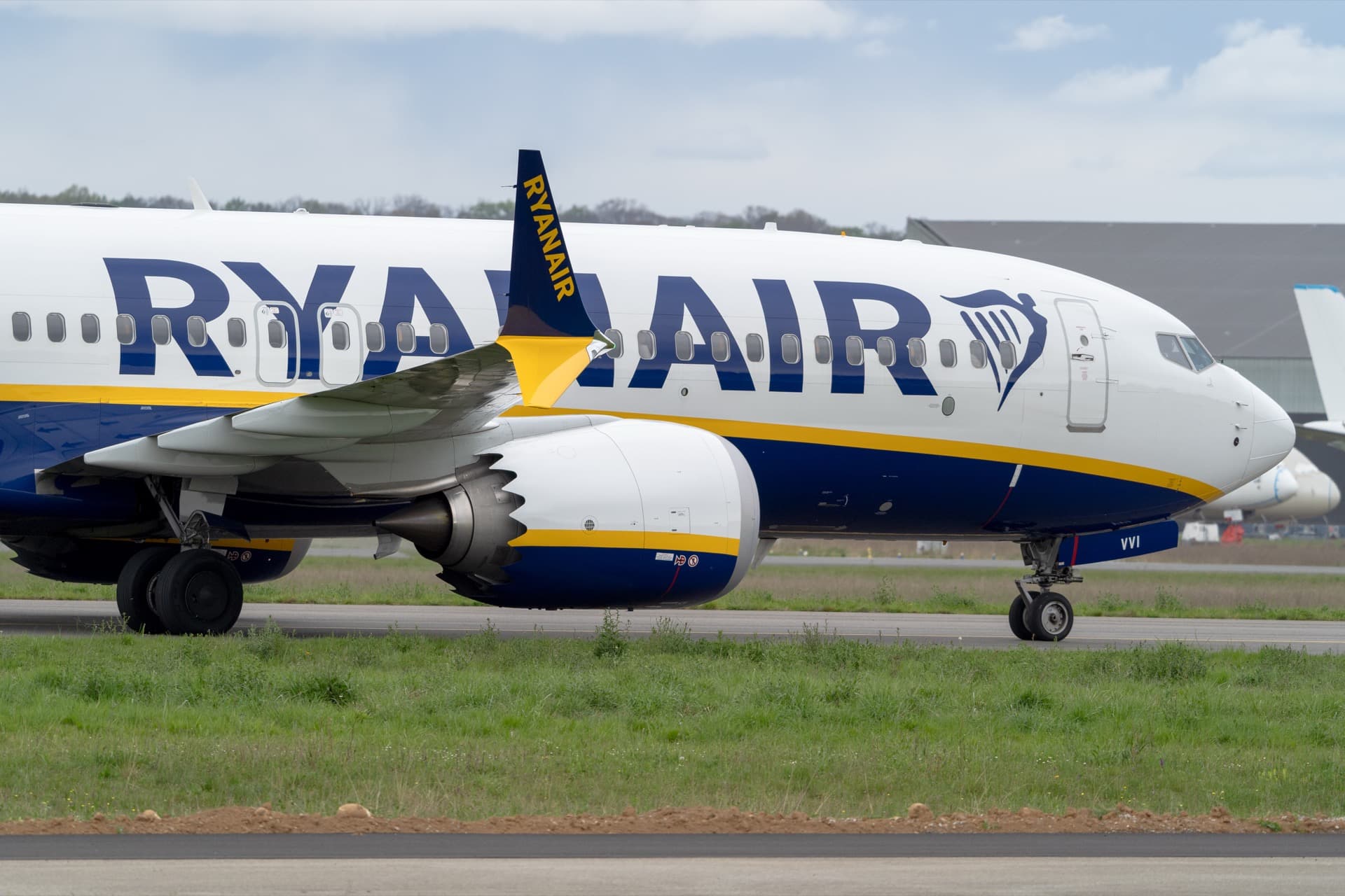 A Ryanair Boeing 737 MAX 8-200, the high-density variant developed for the airline, seen close up on the ramp