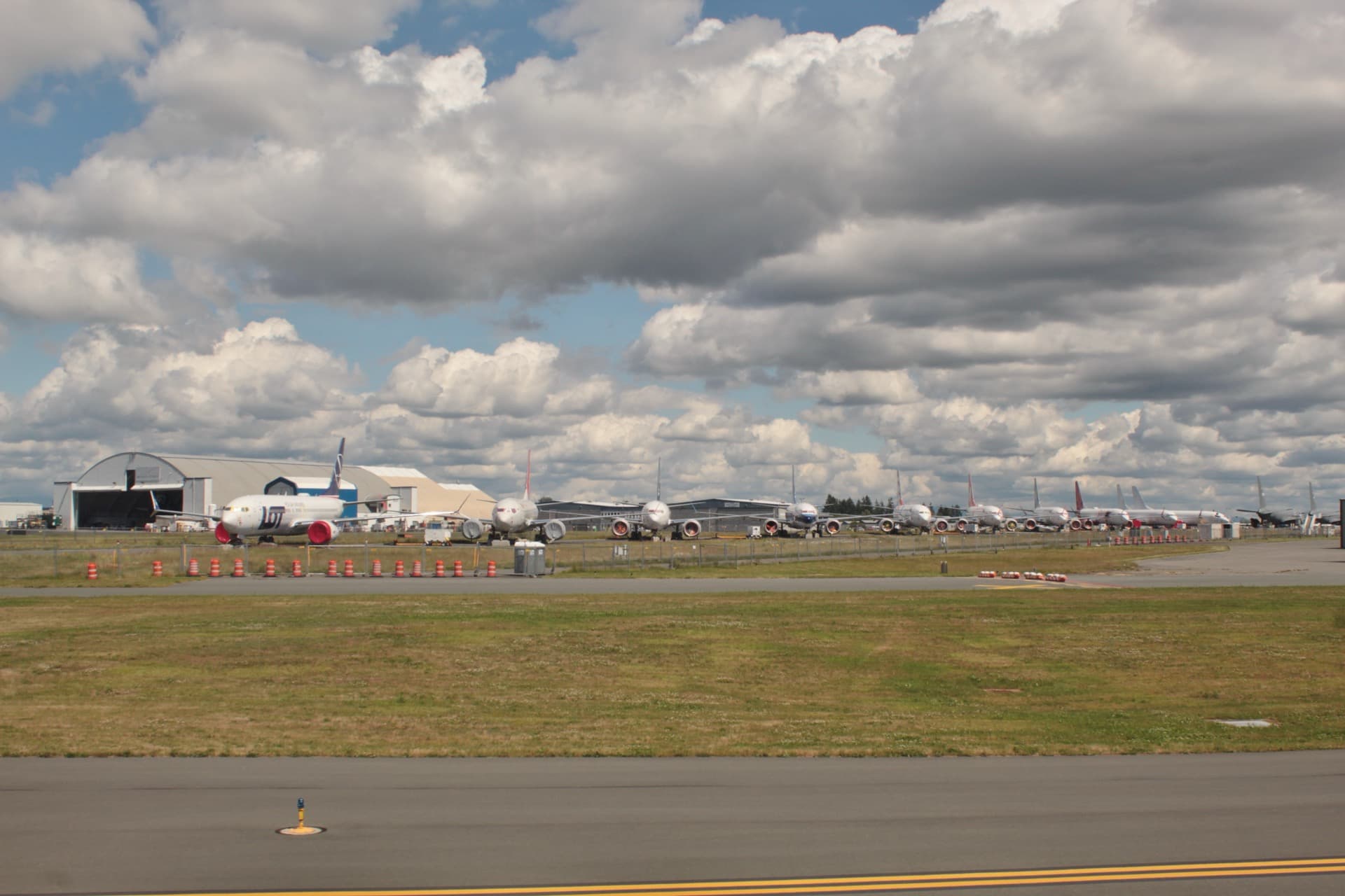 Rows of grounded Boeing 737 MAX airliners in storage at Paine Field in 2019 during the type's worldwide grounding