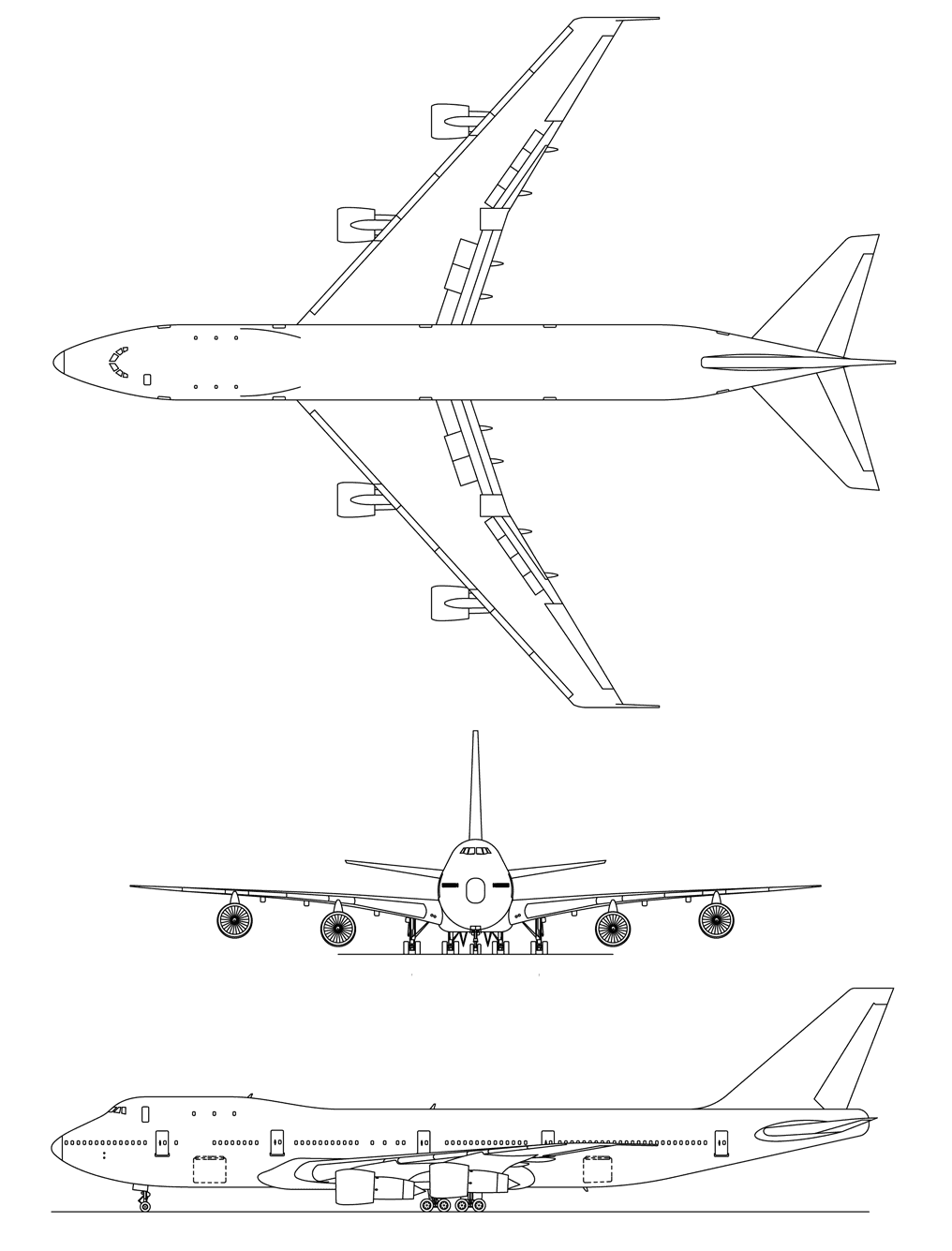 Boeing 747-100 general-arrangement three-view drawing: side, front and plan views with the distinctive upper-deck hump outlined