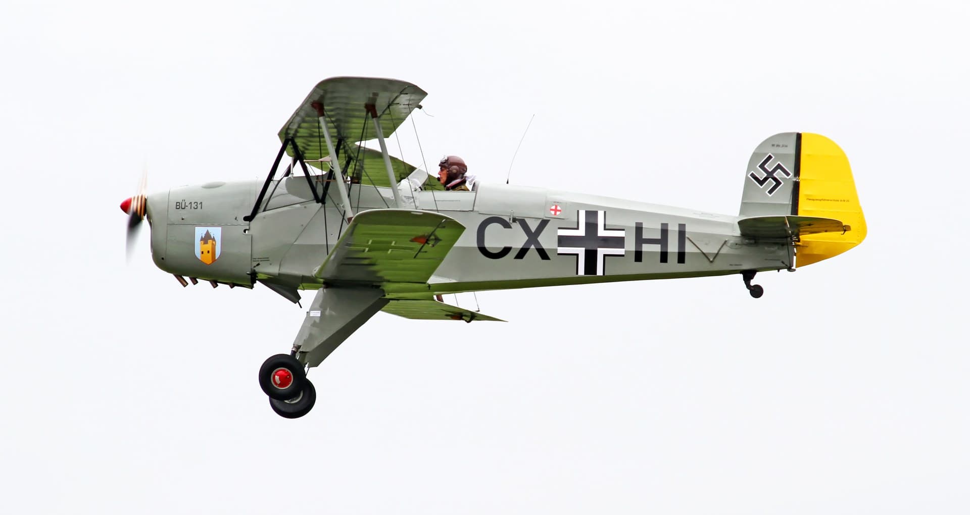 A Bücker Bü 131 Jungmann biplane in flight