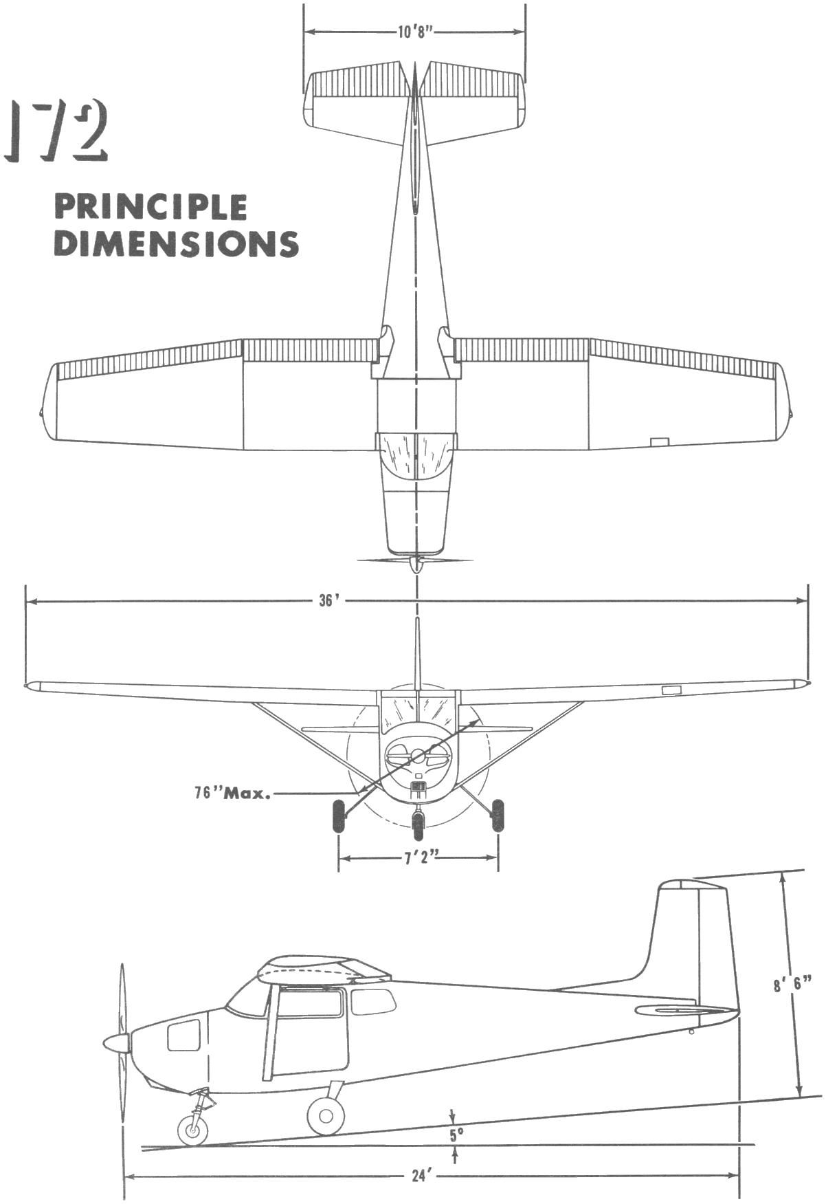 Vue en trois plans du Cessna 172 avec les dimensions principales, extraite du manuel du propriétaire de 1956