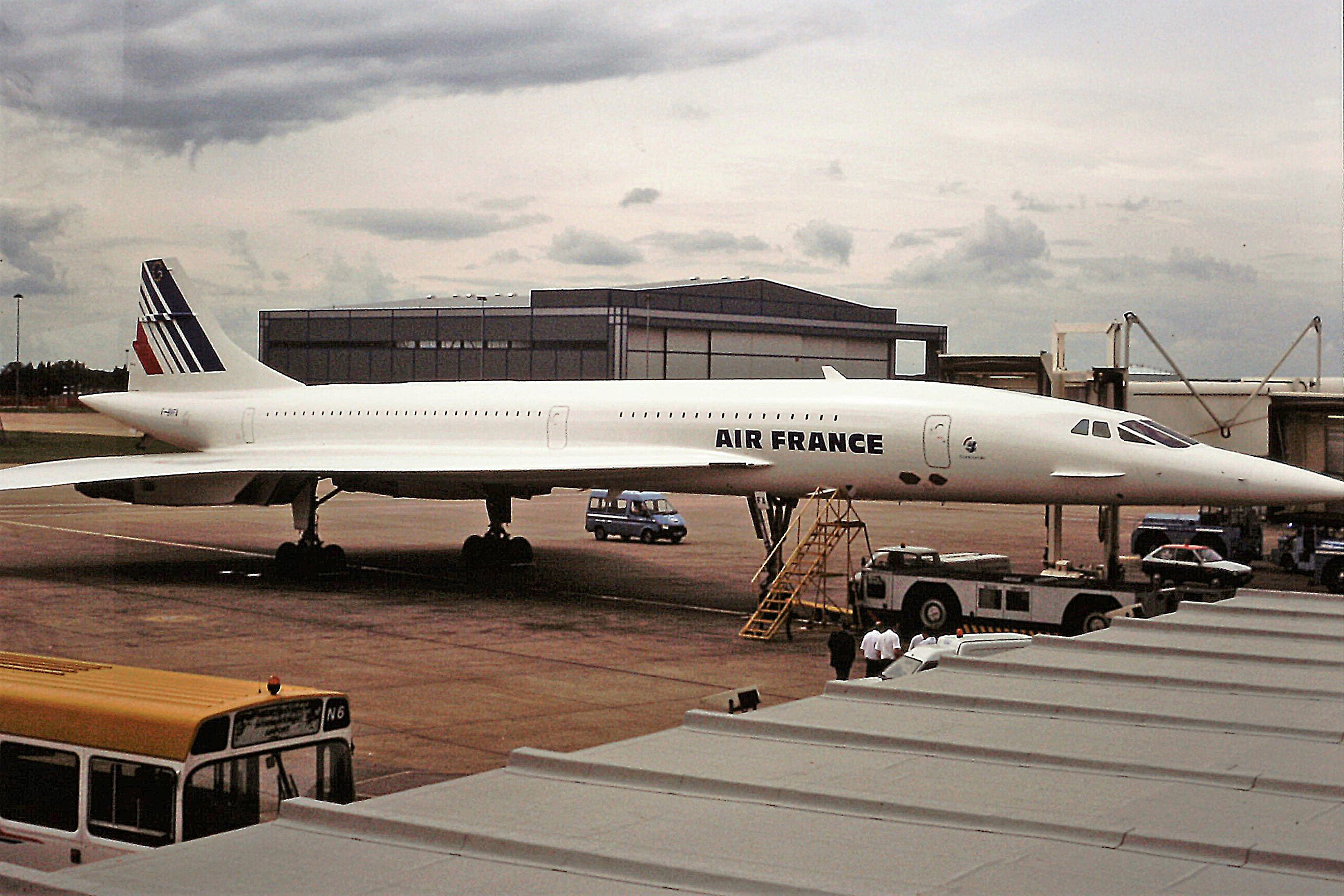 Air France Concorde F-BVFA on stand at Manchester Airport in August 1990, one of only two airlines ever to operate the type