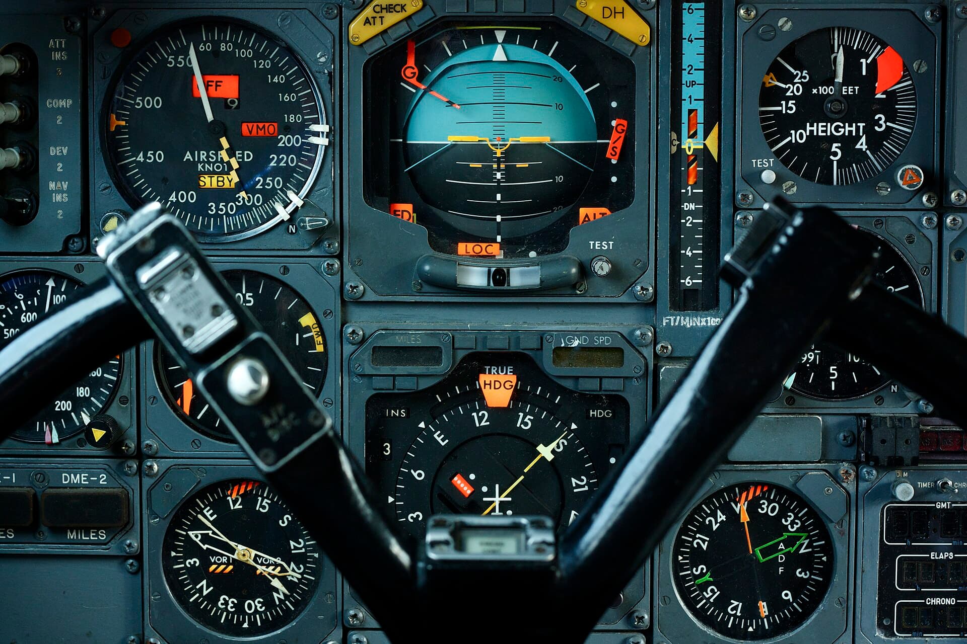 Concorde's pilot instruments (airspeed indicator, attitude director and altimeter) behind the control column