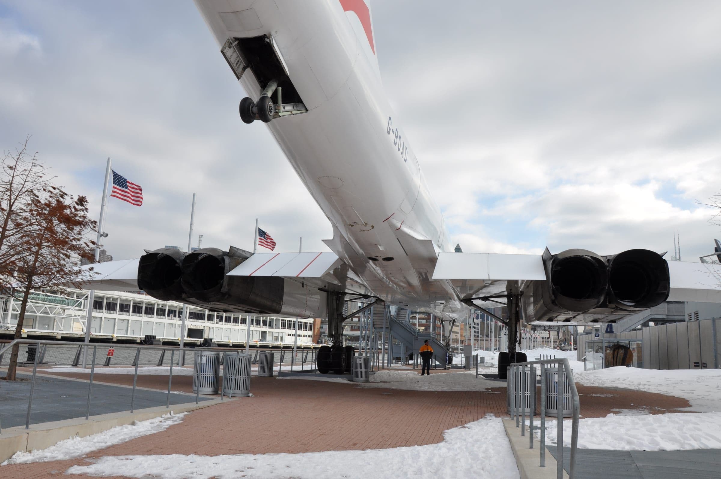 The four Olympus 593 exhaust nozzles and the deployed tail bumper wheel of the preserved Concorde G-BOAD at the Intrepid Museum, New York