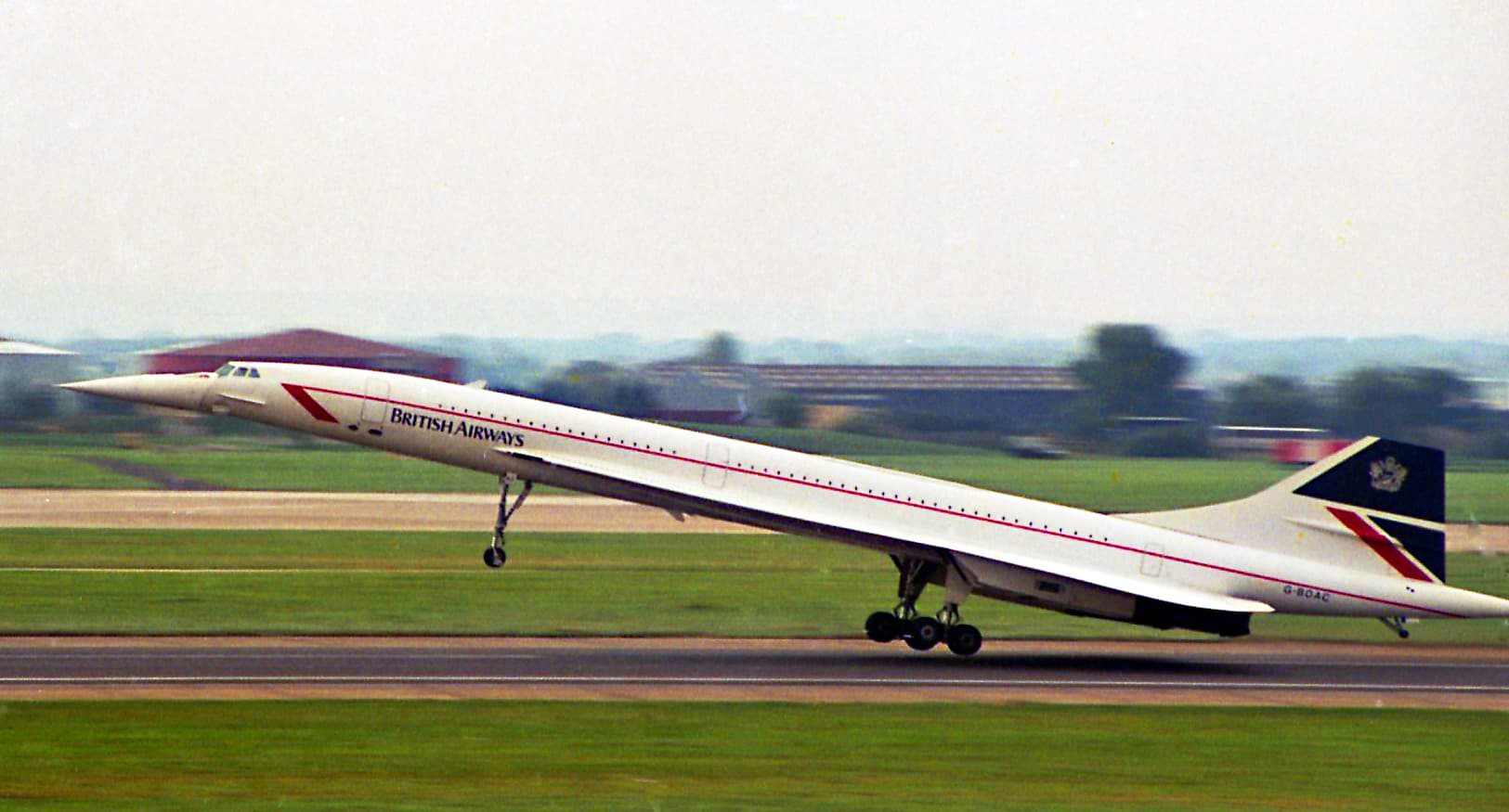 British Airways Concorde G-BOAC rotating on take-off with its nose drooped, photographed in 1987