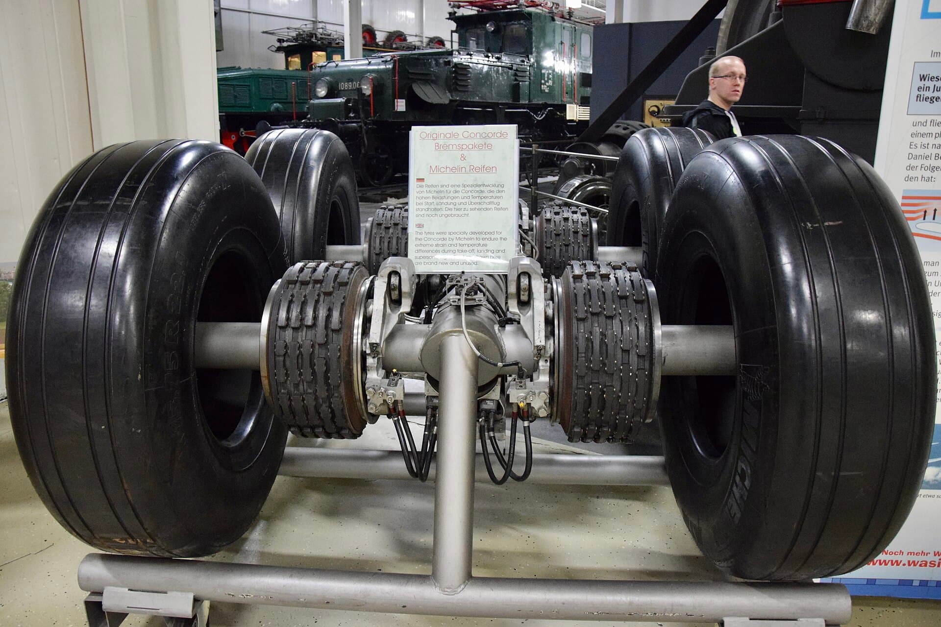 A Concorde main undercarriage bogie and its Michelin tyres, displayed at the Technik Museum Sinsheim