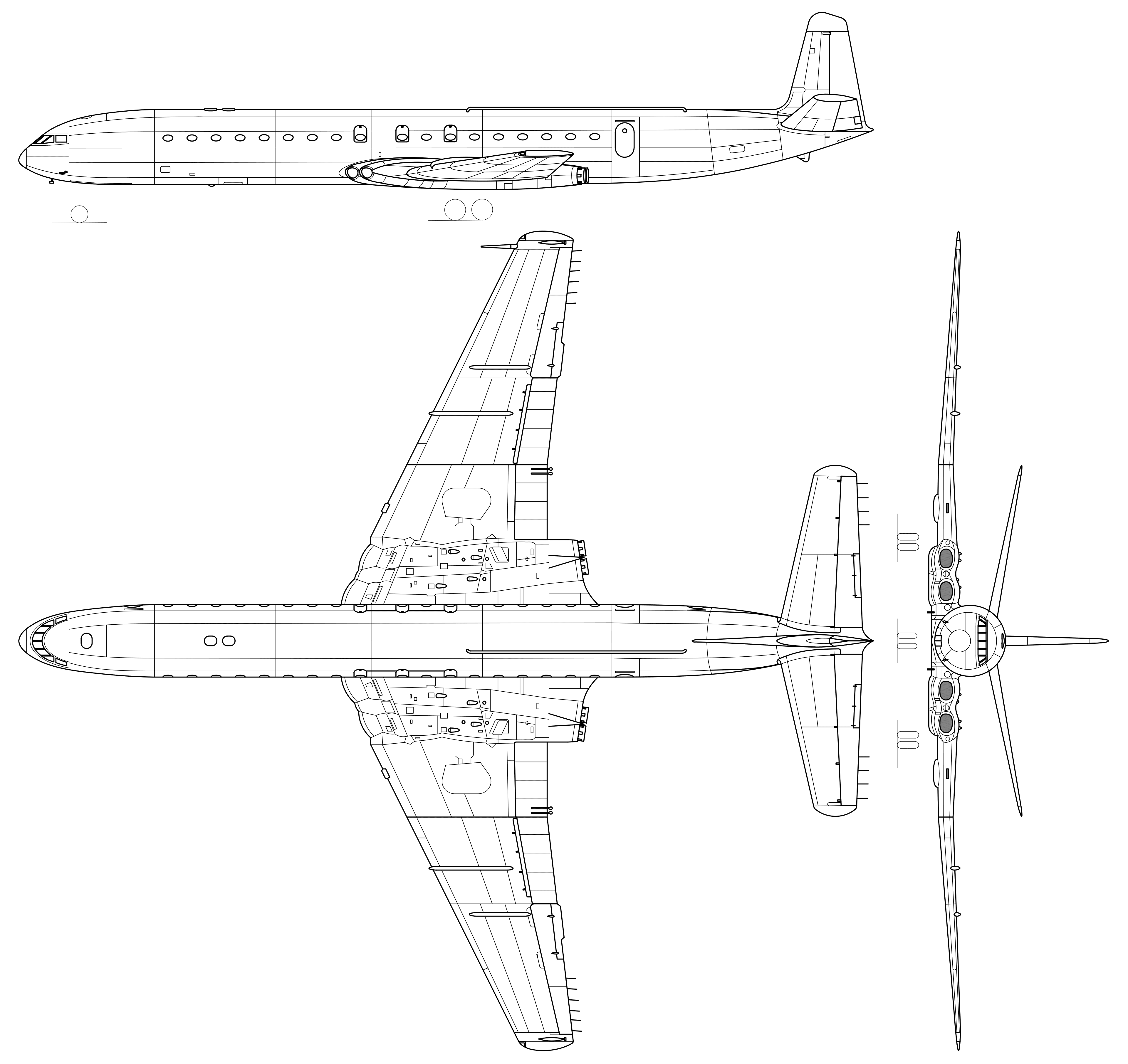 Plan trois vues au trait du de Havilland Comet 4B : élévation latérale gauche, vue en plan et élévation de face, avec les quatre réacteurs Avon noyés dans les emplantures d'aile, les entrées d'air d'emplanture et le tracé détaillé de la voilure et de l'empennage