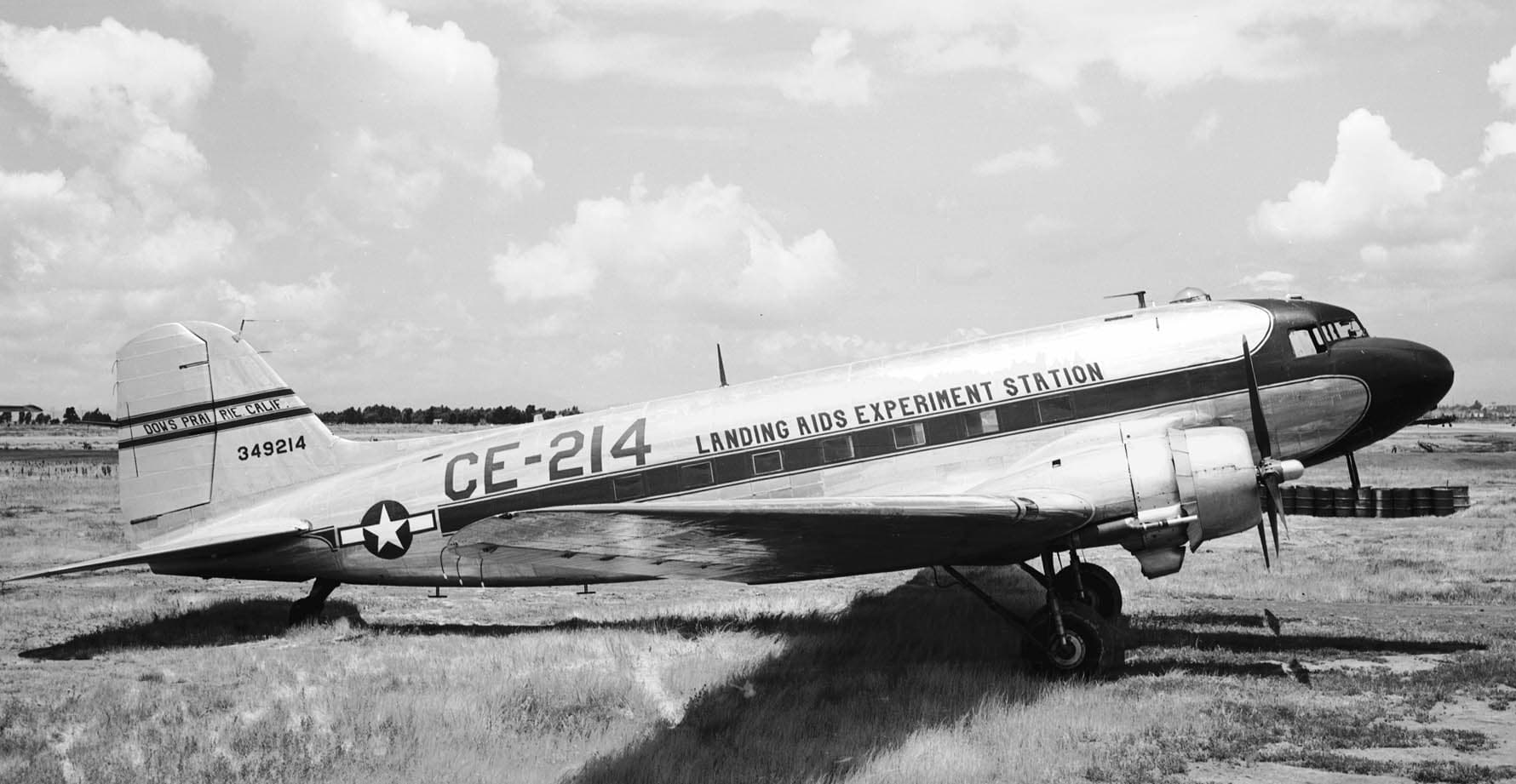 A Douglas C-47D, serial 43-49214, marked for the Landing Aids Experiment Station, photographed at Oakland in 1947