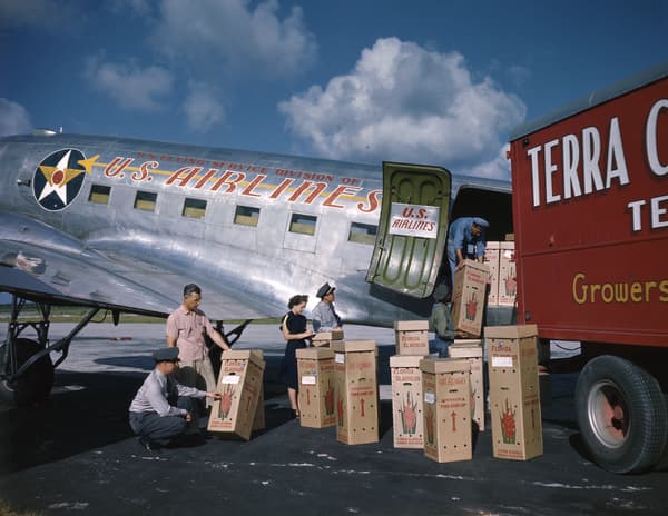 Boxes of gladiolus flowers being loaded onto a U.S. Airlines Douglas DC-3 at Sarasota Airport, Florida