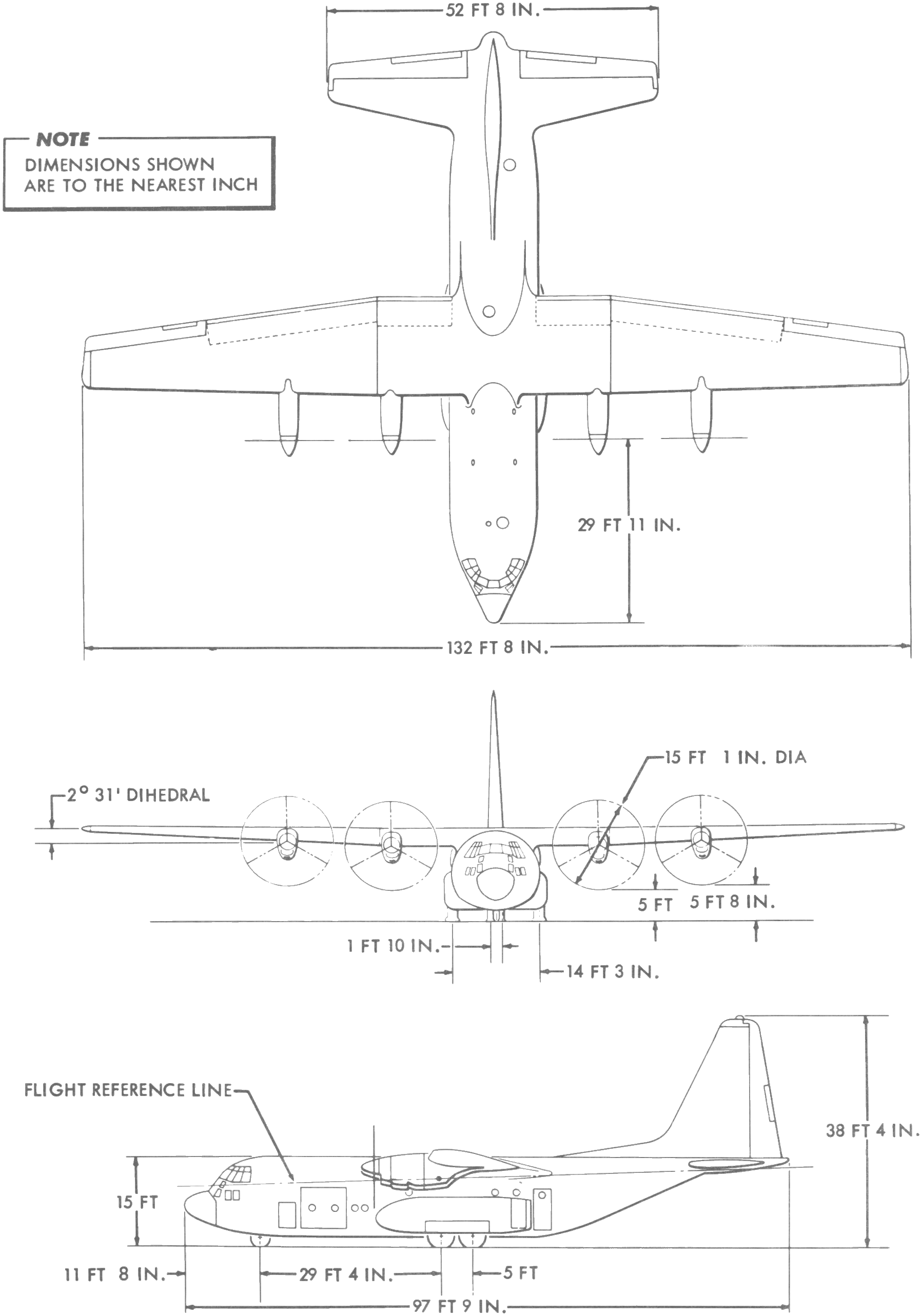 Dimensioned three-view general-arrangement drawing of the definitive Lockheed C-130A Hercules, stacked plan, front elevation and side elevation. Dimensions are to the nearest inch: 132 ft 8 in span, 97 ft 9 in length, 38 ft 4 in fin height, 29 ft 11 in tailplane span, 15 ft 1 in propeller diameter, 2 degrees 31 minutes of wing dihedral, with the flight reference line and static ground line drawn in and the main-wheel and nose-wheel positions dimensioned along the fuselage.