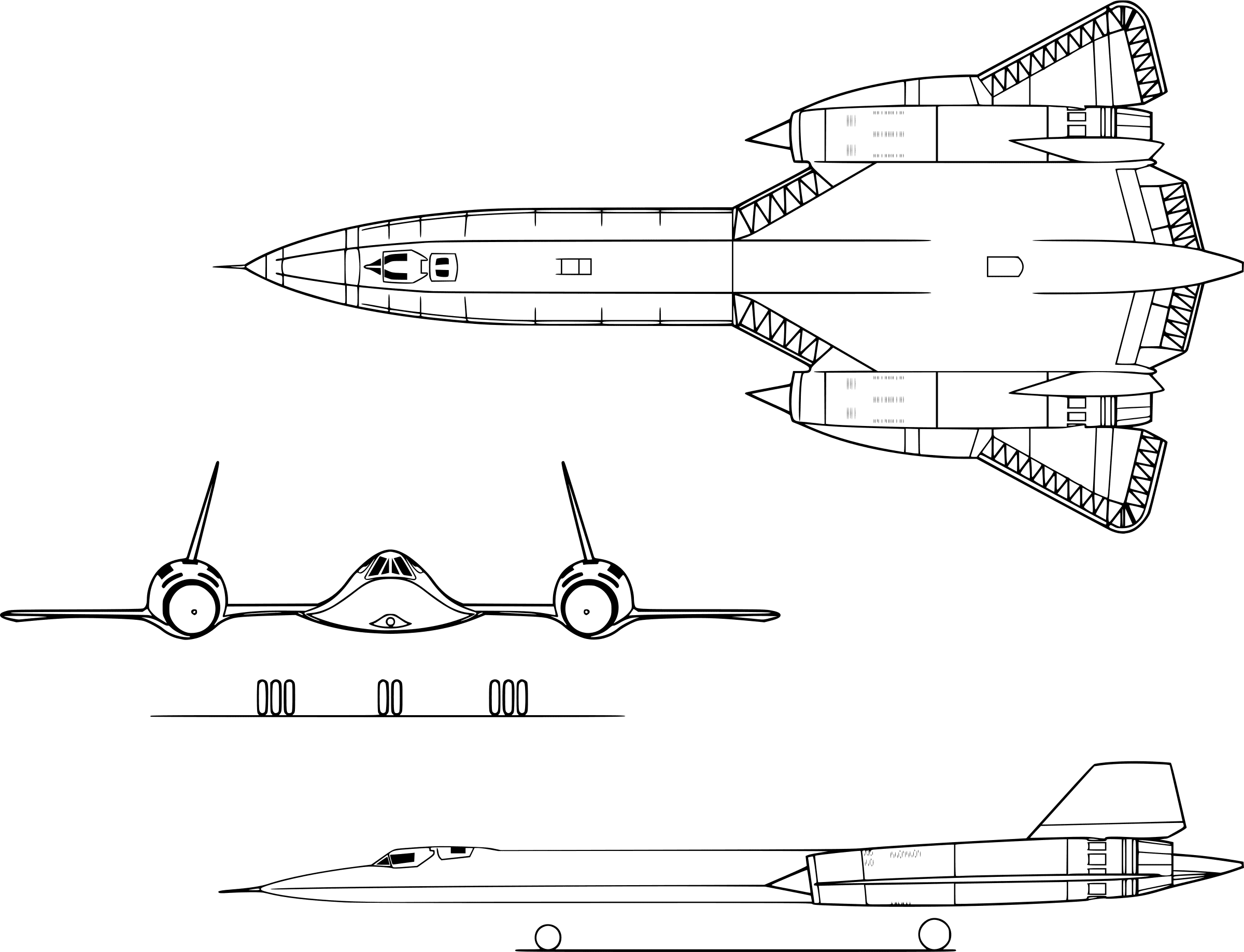 Three-view line drawing of the SR-71A: plan from above at the top, showing the blended chines running the full length of the forebody, the delta wing, the two nacelles and their inlet spikes and the canted fins; front elevation at centre with the spikes, the nacelles and the three landing-gear units on the ground line; and starboard side elevation below. No dimensions are marked.