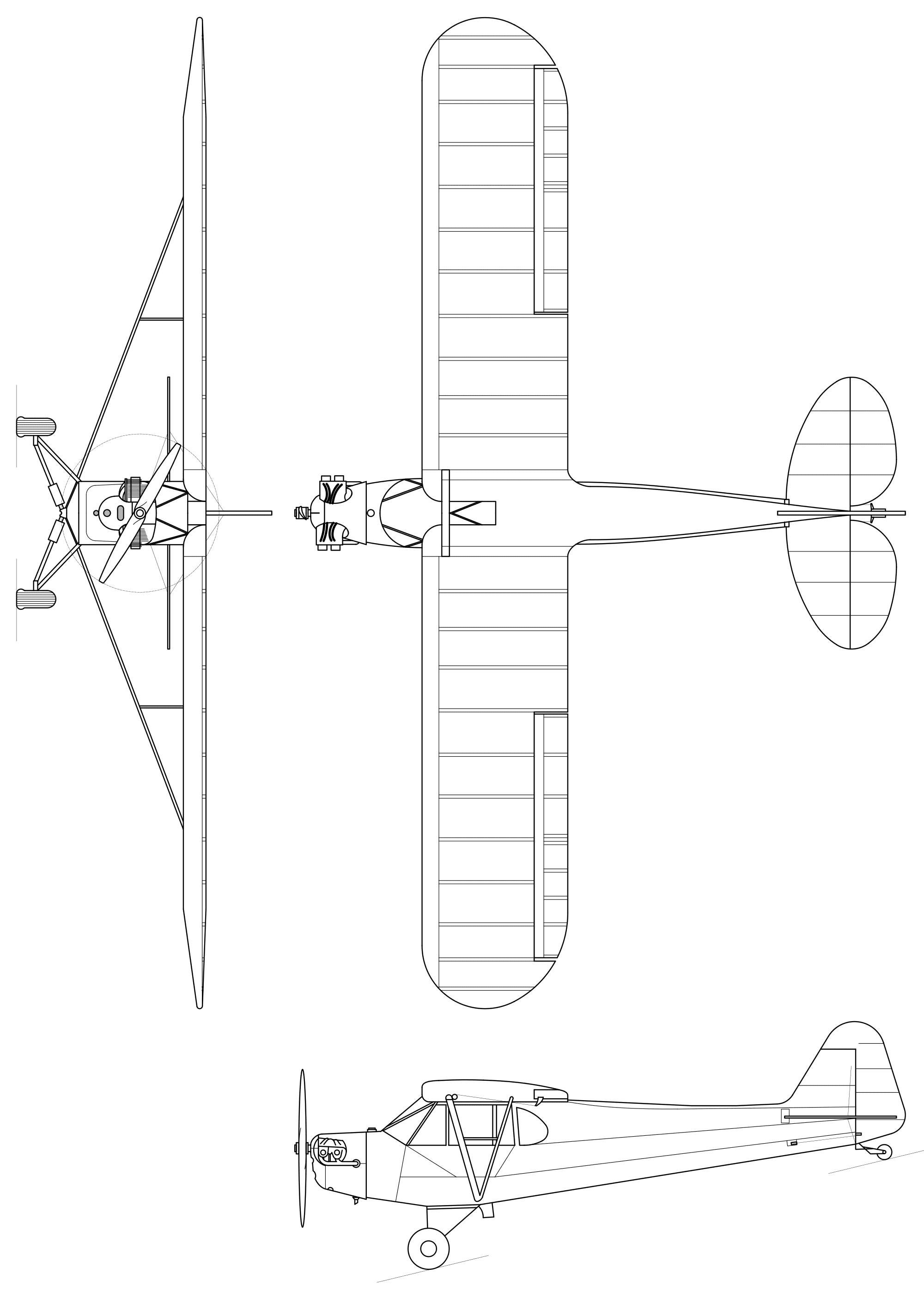 Three-view general arrangement drawing of the Piper J-3 Cub: side elevation, front elevation and plan view, showing the strut-braced high wing, tandem cockpit, and the tailwheel undercarriage.