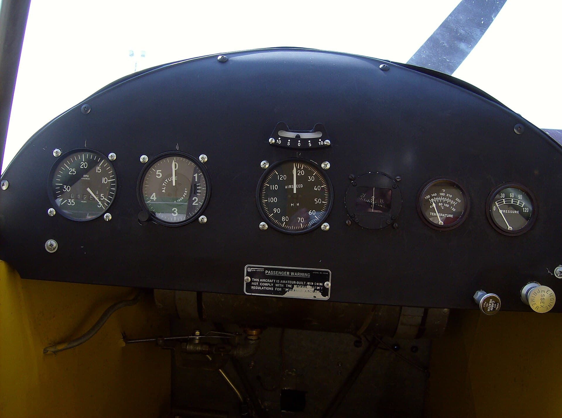 The spartan instrument panel of a Piper Cub, with basic engine and flight instruments only