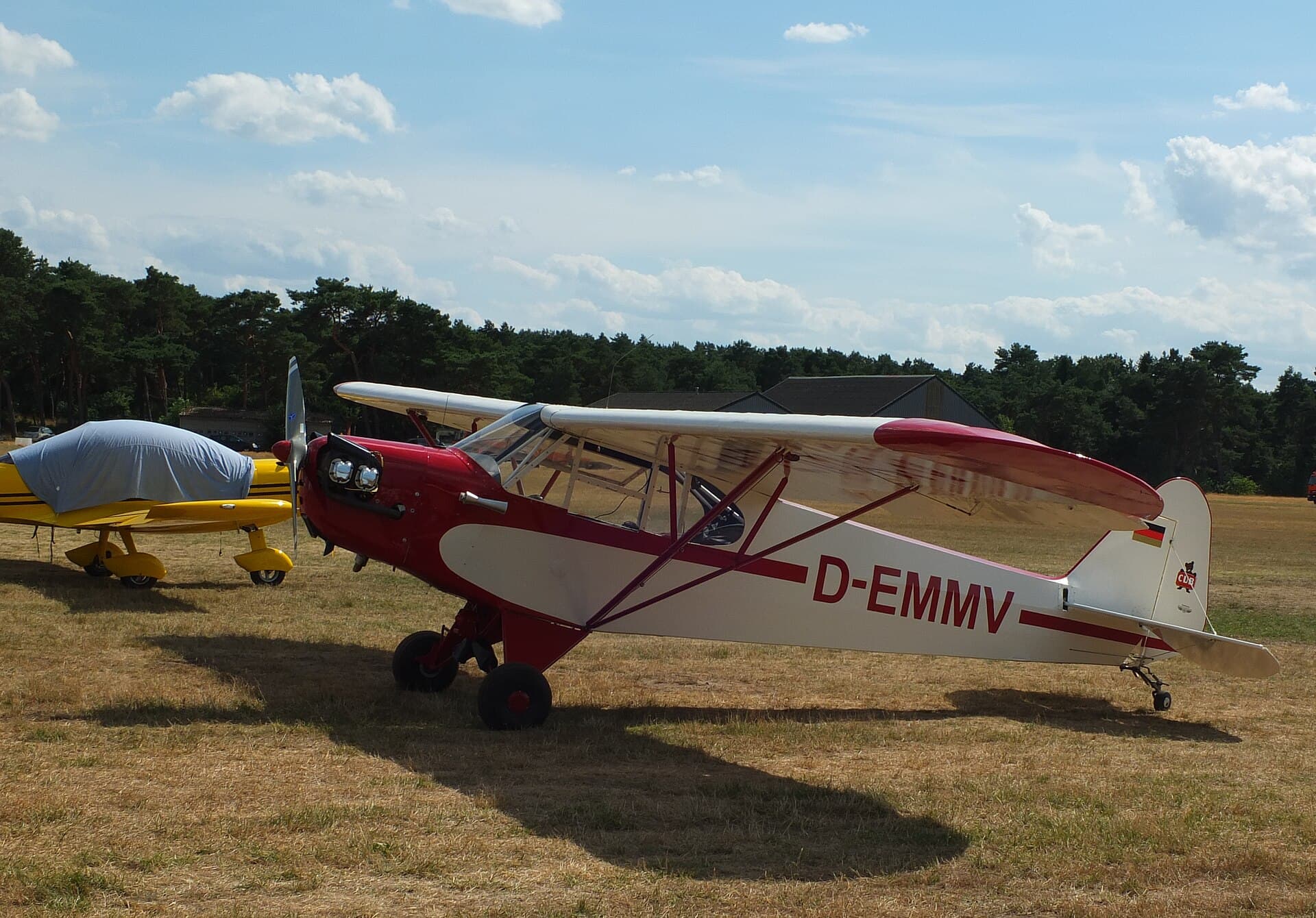 A red-and-white Piper Cub, registration D-EMMV, parked at a grass airfield