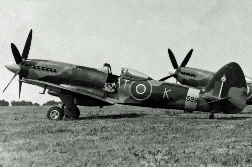 A Spitfire F Mk 22 of No. 613 Squadron on the runway, May 1949