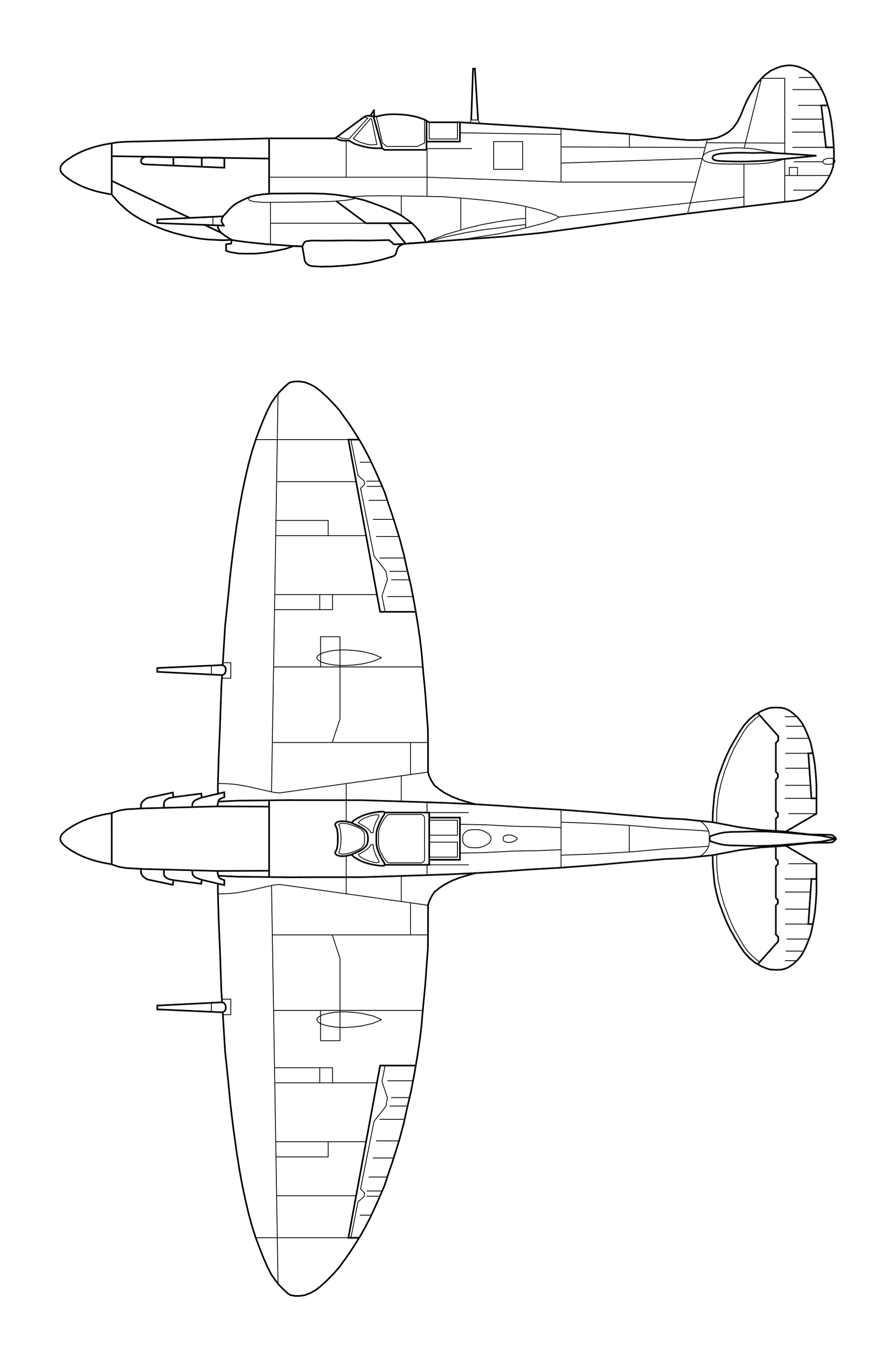 Scale general-arrangement line drawing of the Spitfire Mk Vb in two views (starboard side elevation above, plan from above below) showing the elliptical wing planform with its cannon and machine-gun barrels, the underwing radiator and oil cooler fairings, and the panel and control-surface divisions. No dimensions are marked.