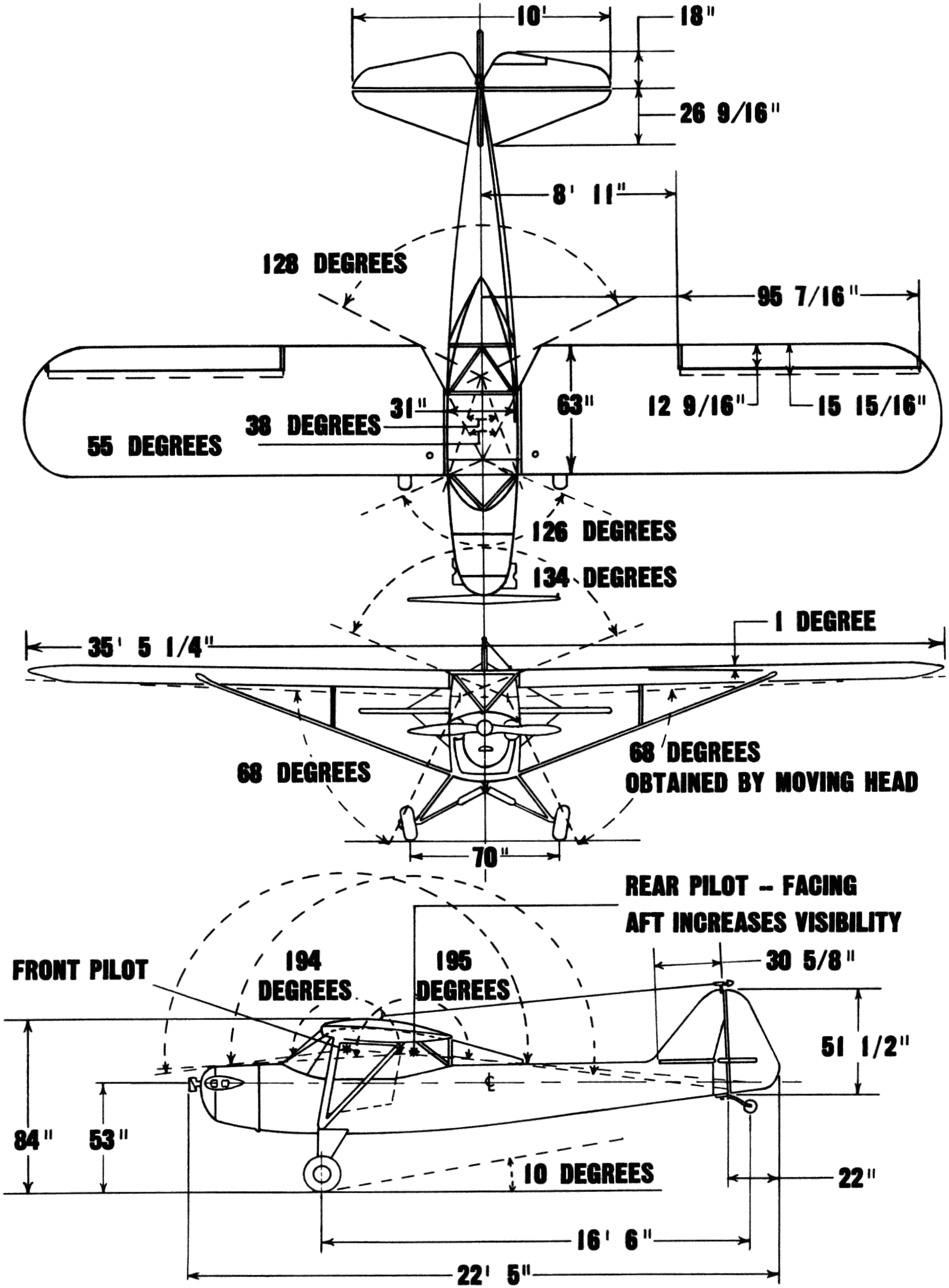 Three-view line drawing of the Taylorcraft L-2 Grasshopper, the tandem-seat military version of the Taylorcraft Model B, from the US Army erection and maintenance manual: side elevation, front elevation and plan view with principal dimensions. The BC-12D shares this wing, tail and undercarriage but seats two side by side.