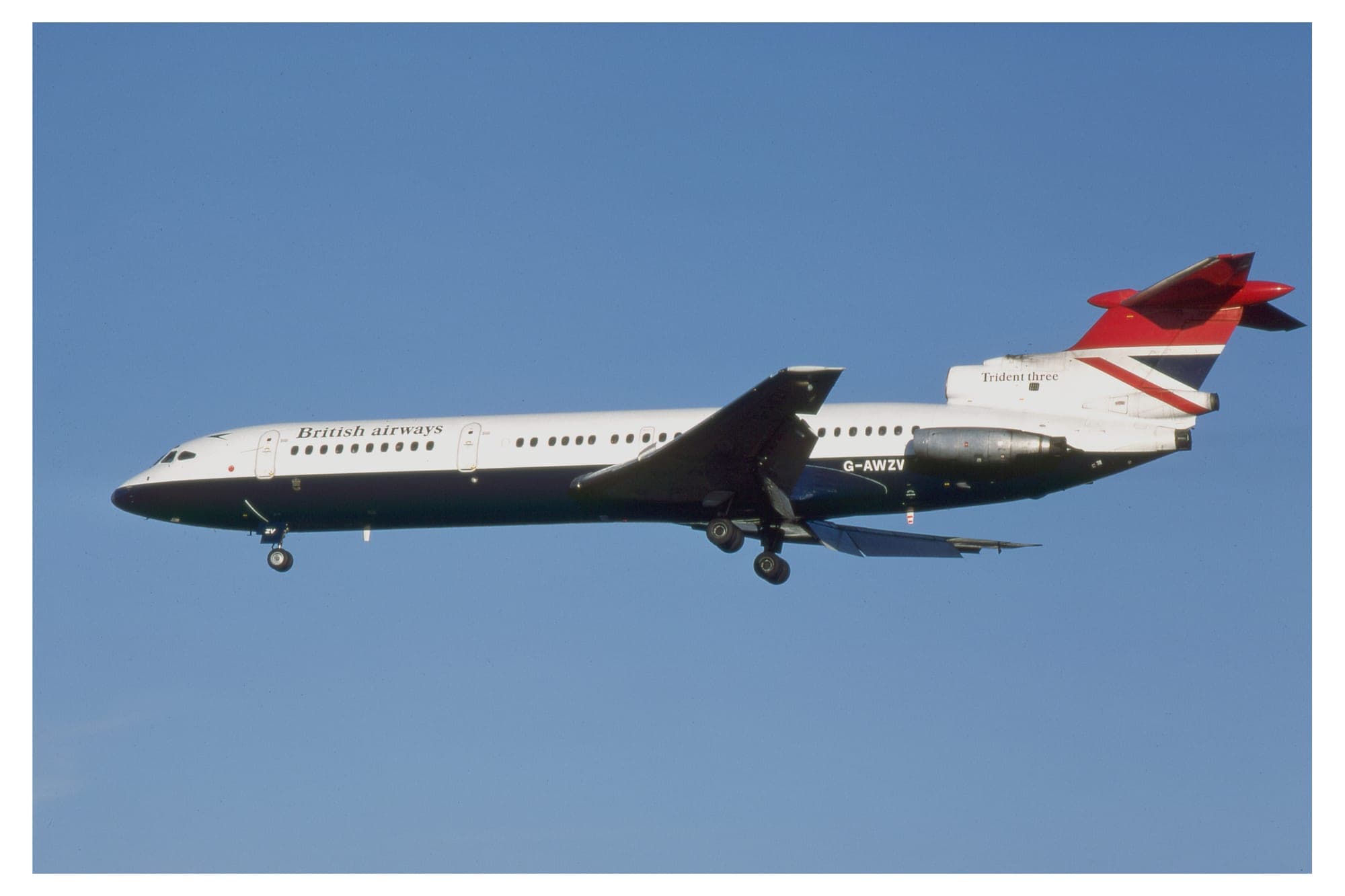 A British Airways Hawker Siddeley Trident 3B on approach to Heathrow in 1978, in the Negus livery adopted after the merger.