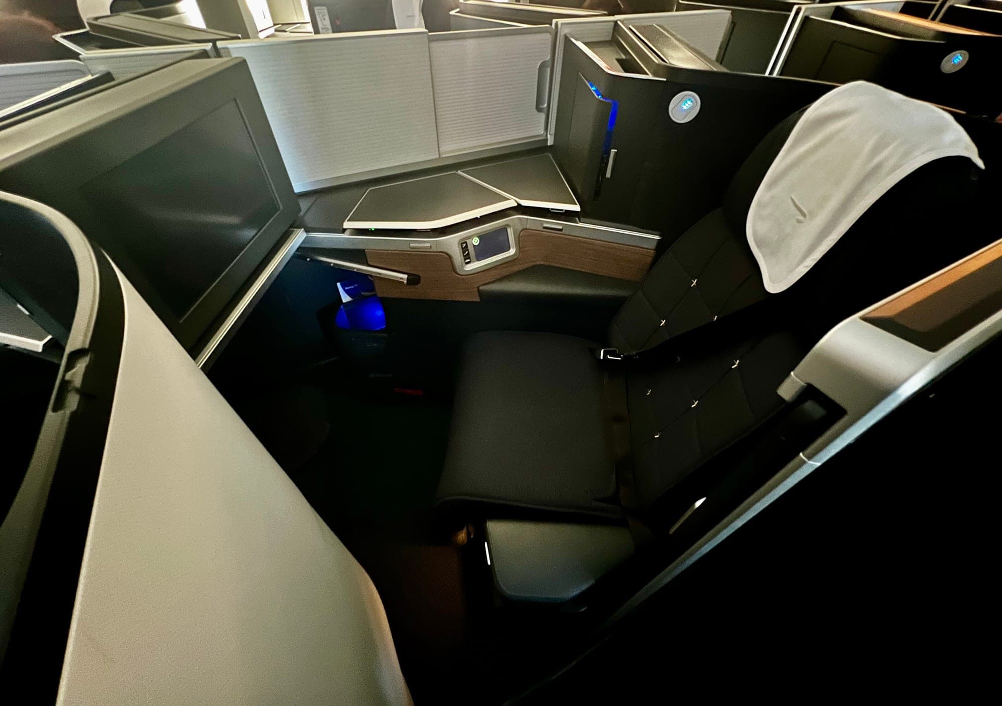 A Club Suite, British Airways' enclosed business-class seat with a closing door, photographed in 2022.