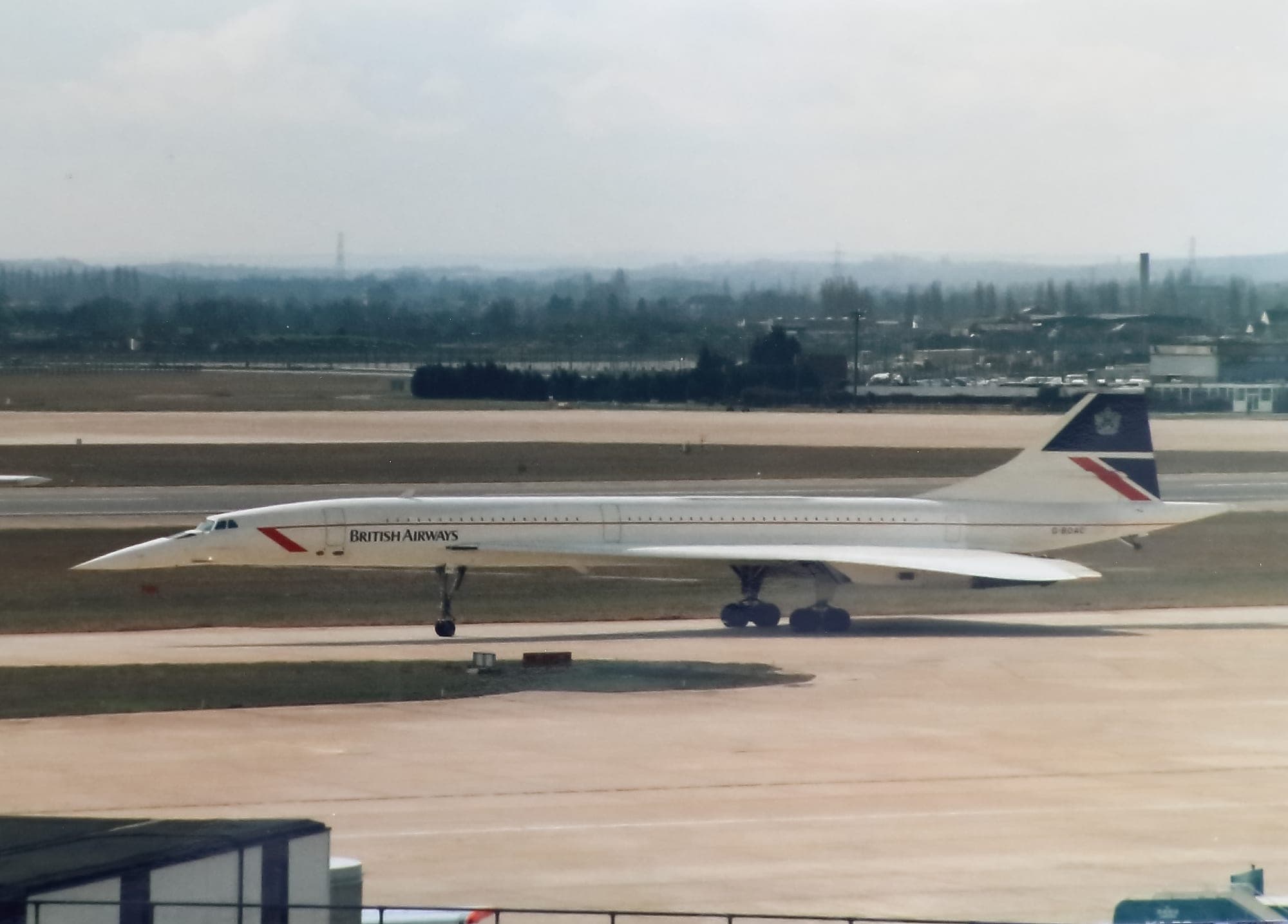 British Airways Concorde G-BOAC at Heathrow in March 1986, in the Landor livery.