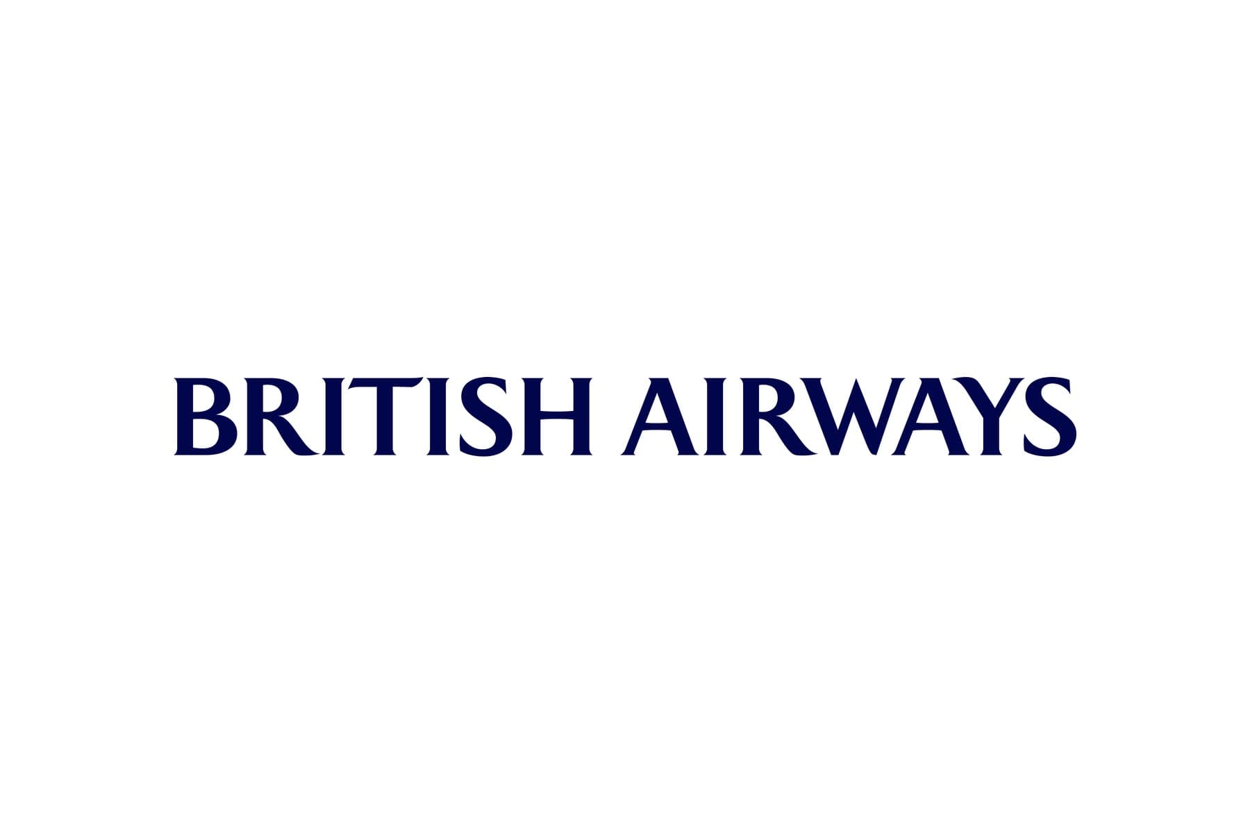 The British Airways wordmark in navy capitals on a white field, the lettering introduced in 1997.