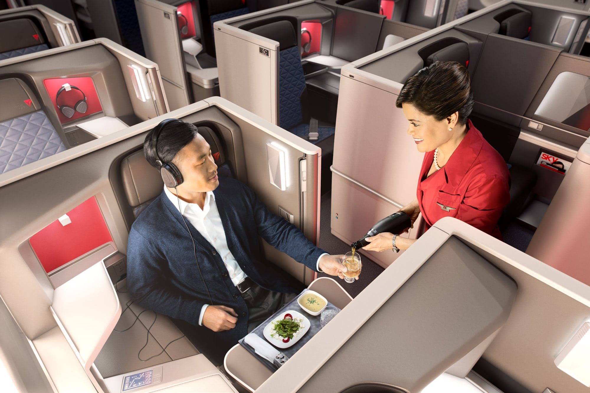 The Delta One Suite, the enclosed business seat introduced on the Airbus A350 in 2017, photographed in May 2017.
