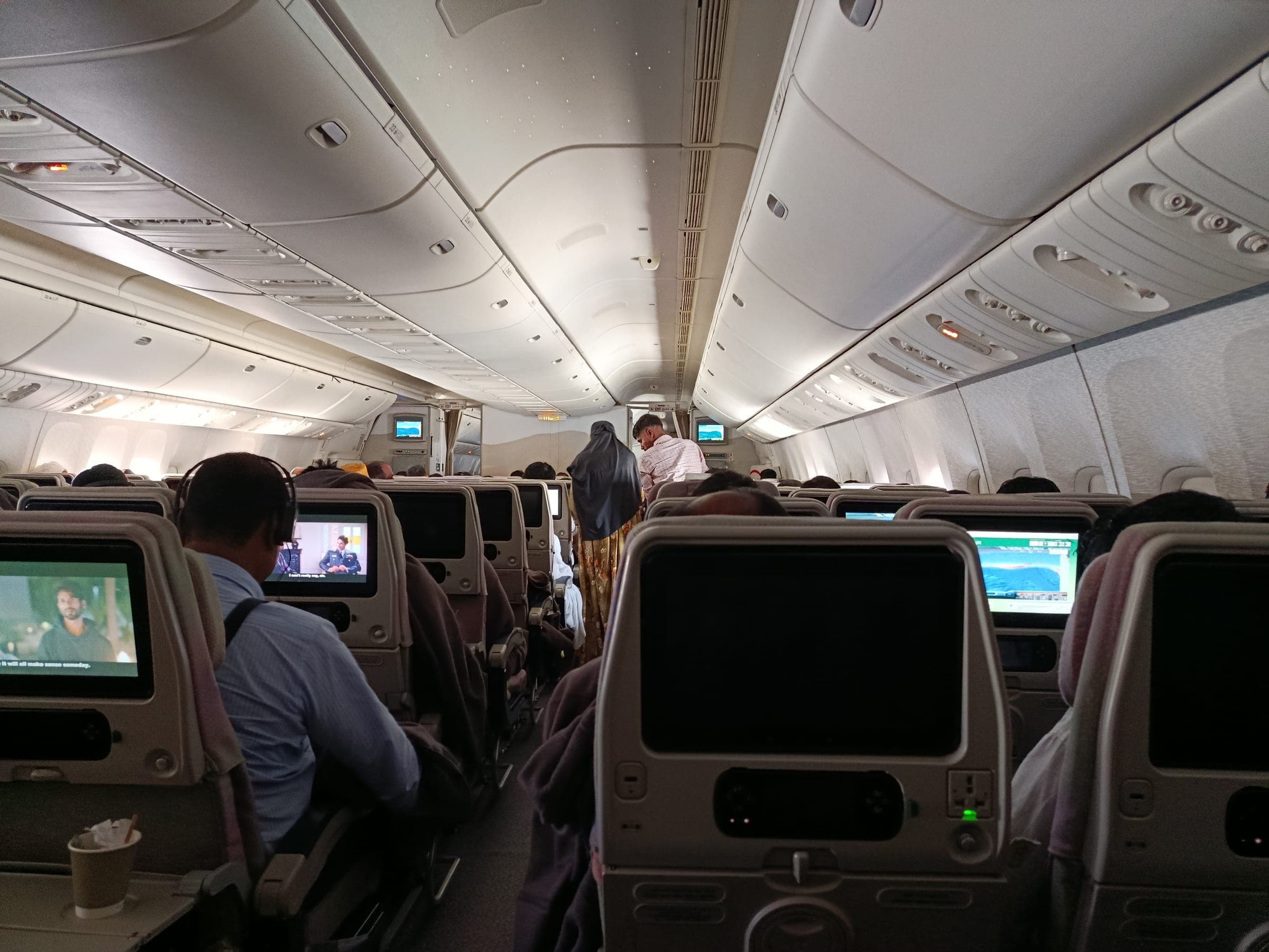 The Economy Class cabin of an Emirates Boeing 777-300ER, photographed in August 2025