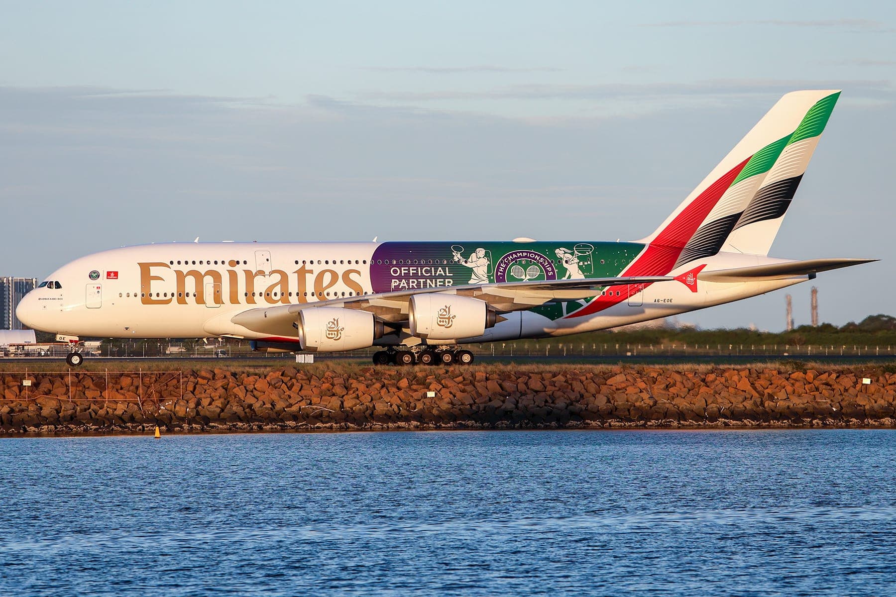 Airbus A380 A6-EOE at Sydney in April 2025, wearing the livery introduced in 2023 that it was the first aircraft to carry
