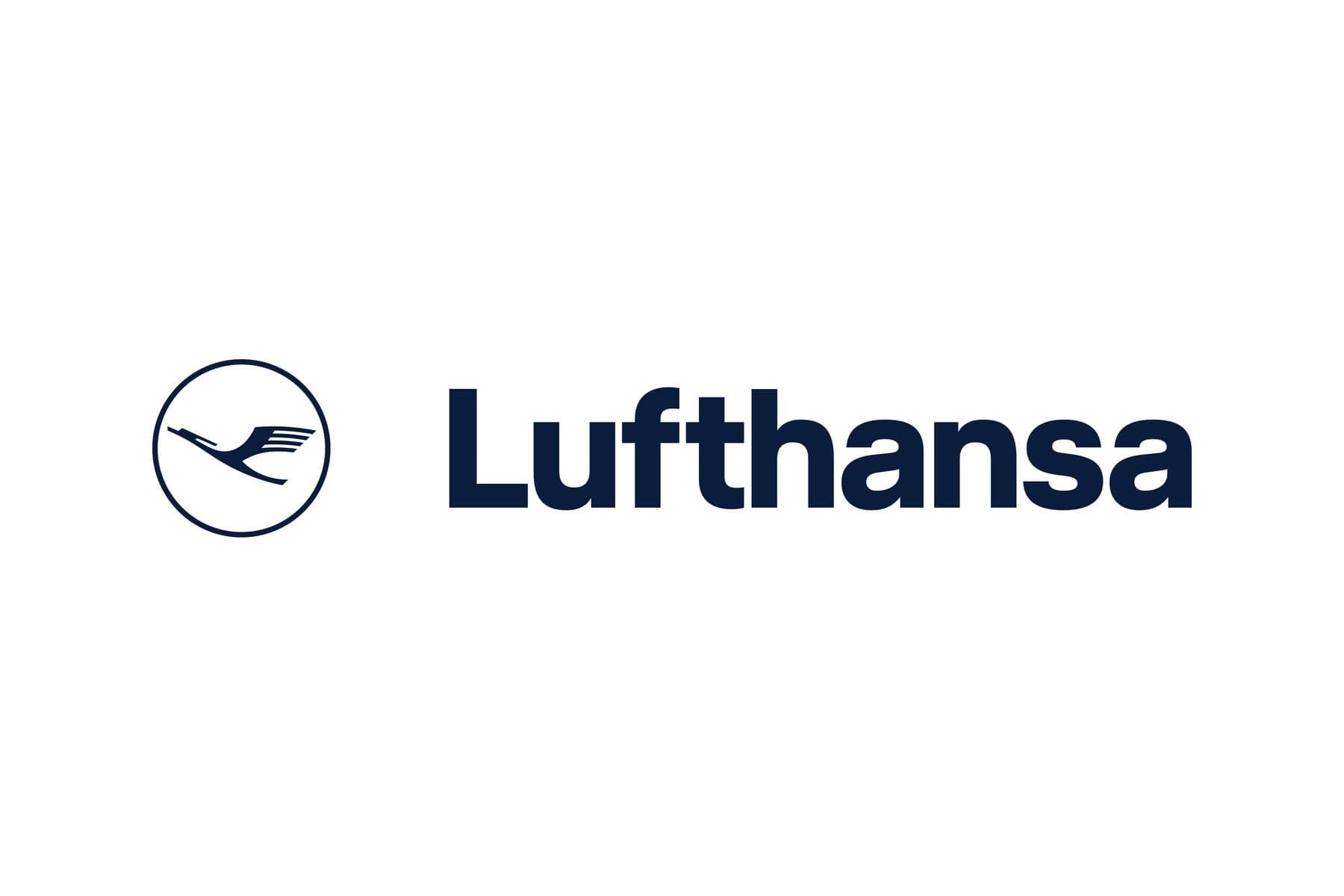 The Lufthansa logo: the crane in a circle beside the Lufthansa wordmark, in dark blue on white, as introduced in 2018.