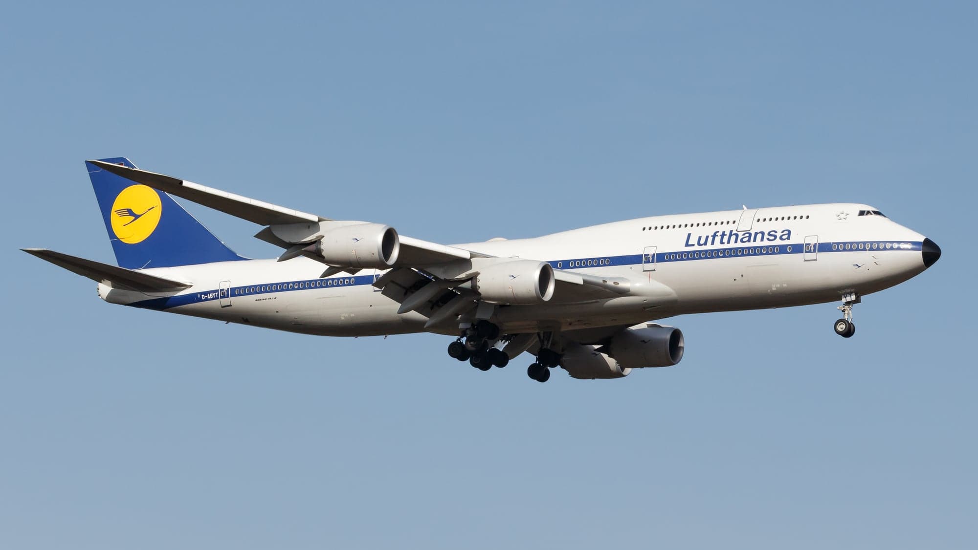 Lufthansa Boeing 747-8 D-ABYT in the retro livery of the 1970s, blue cheatline and yellow crane on the fin, at Frankfurt in March 2017.