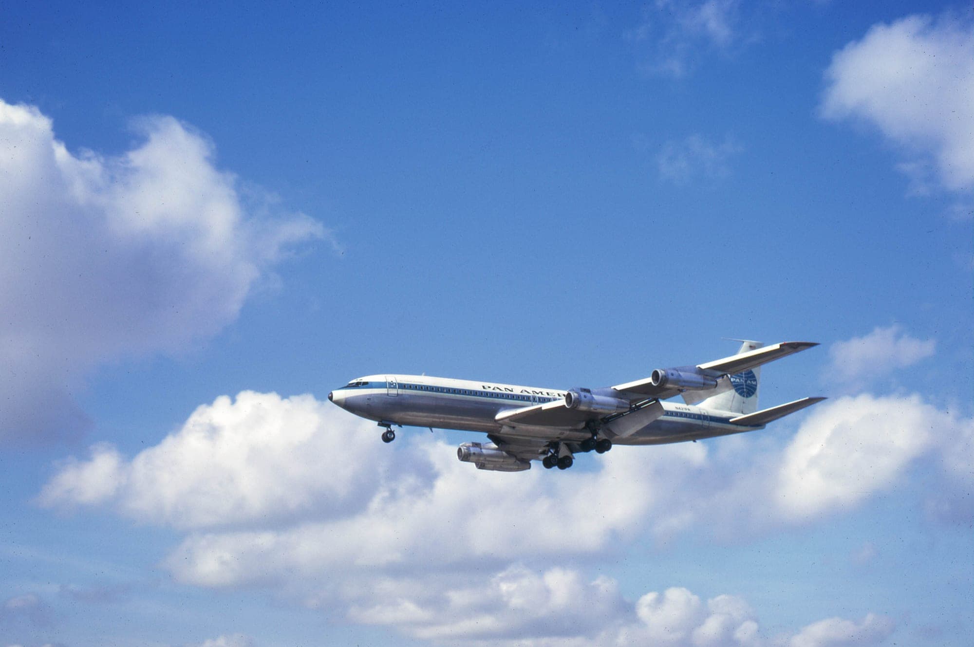A Pan Am Boeing 707 at Miami in 1968, in the blue cheatline livery worn through the jet age.