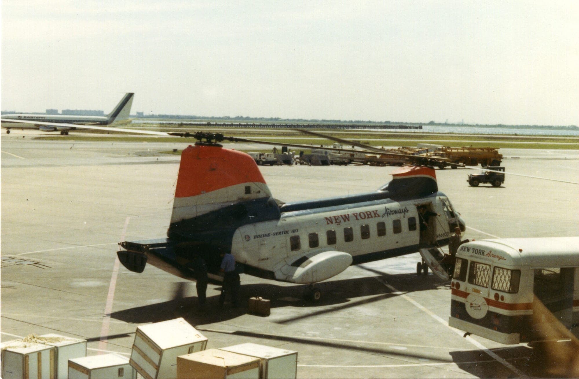 A New York Airways helicopter at Kennedy airport in 1967, after the shuttle flight from the roof of the Pan Am Building.