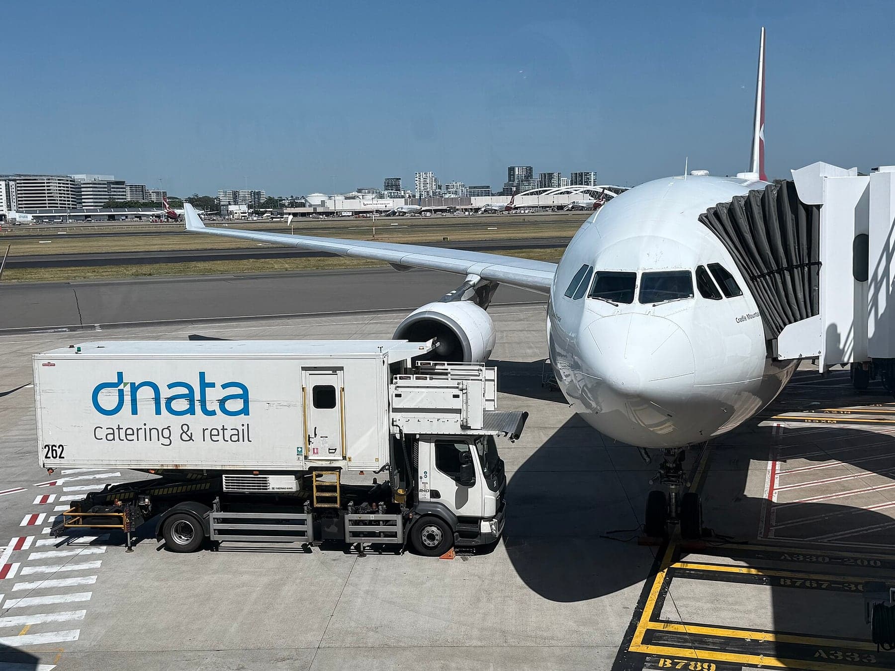 The Airbus A330-200 VH-EBA at Sydney in December 2025. The A330 carries the bulk of the Asian network and the longer domestic transcontinental flights.