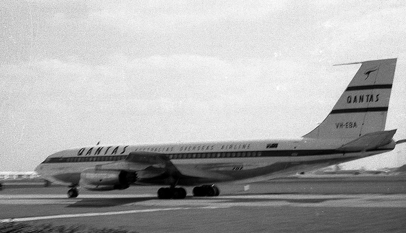 A Qantas Boeing 707-138 at London Heathrow in 1961. The short-bodied 138 was built to Qantas's own specification, and in 1959 made the airline the first outside the United States to fly the 707.