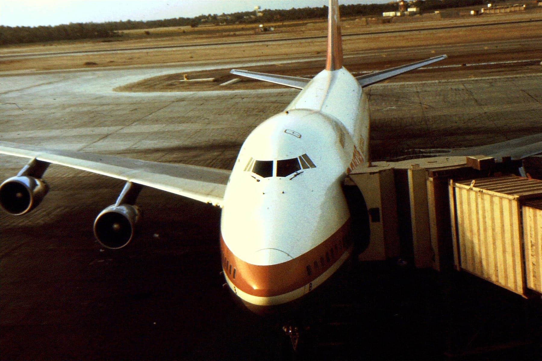 A Qantas Boeing 747-200 at Bahrain in the mid-1970s, on the stopping route between Australia and Europe.