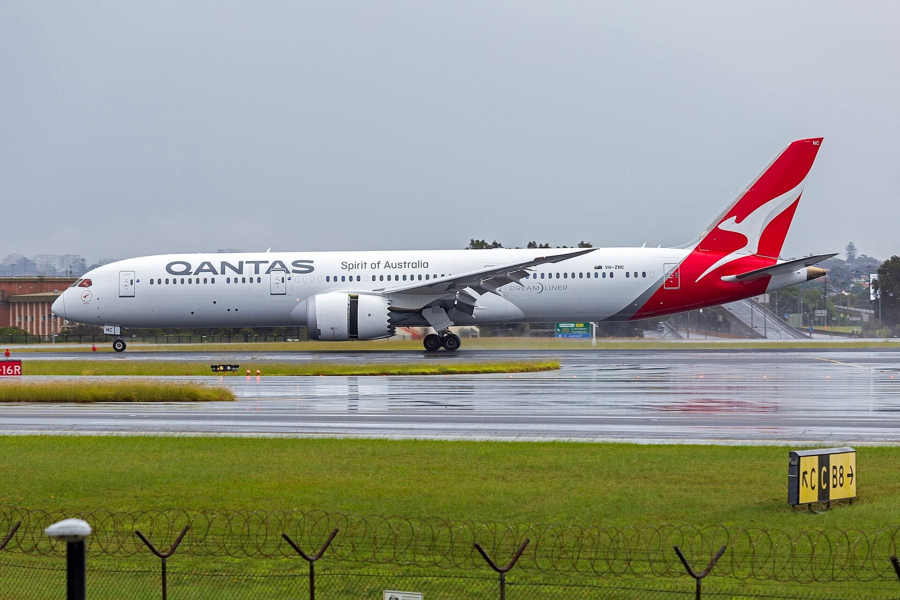 The Boeing 787-9 VH-ZNC at Sydney in May 2024. The 787 opened Perth to London in 2018, the first non-stop scheduled service between Australia and Europe.