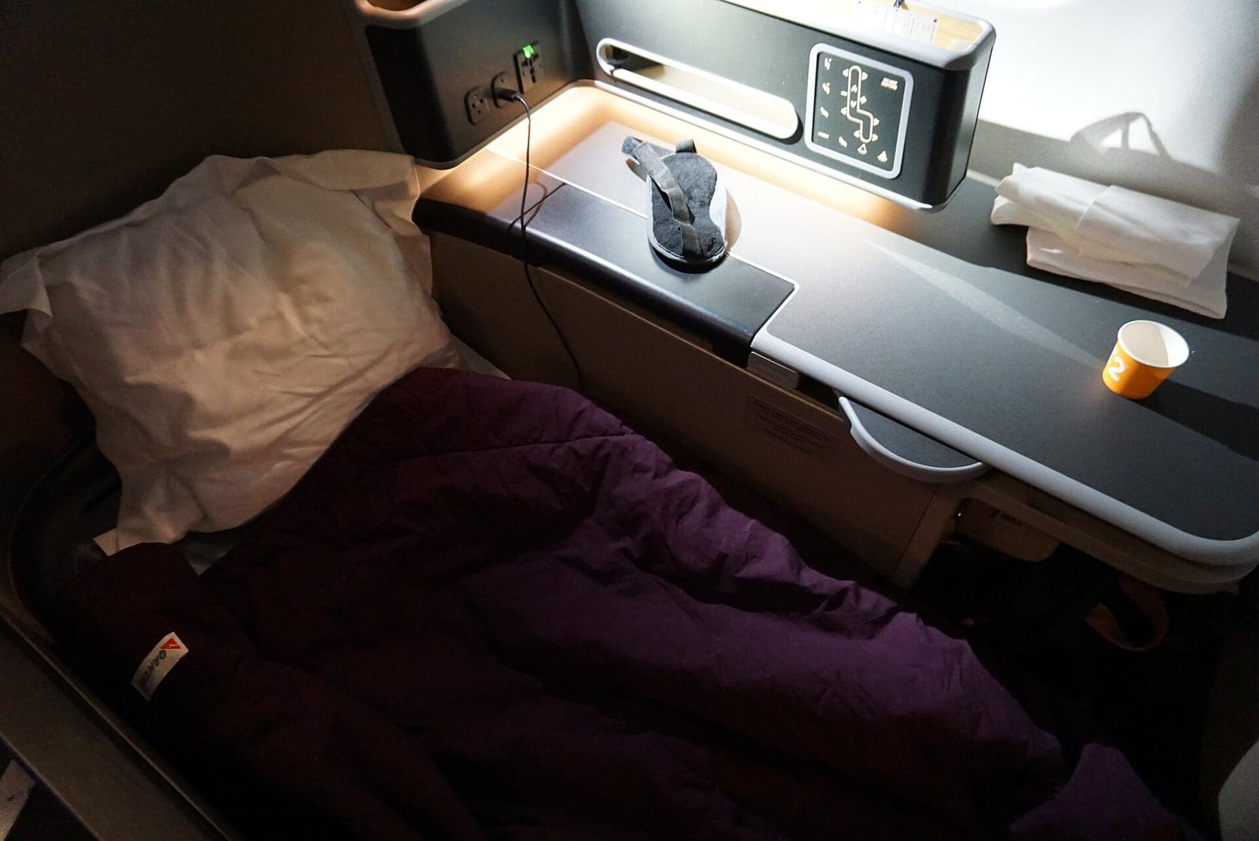 The Qantas Airbus A330 business seat in its fully flat position, photographed in 2015.