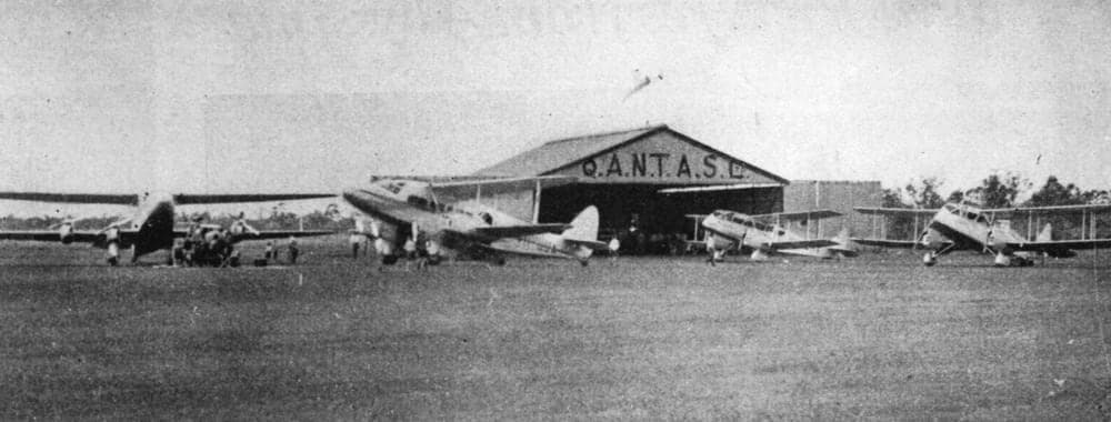 Aircraft lined up in front of the Qantas hangar at Charleville, Queensland, in 1935, the western end of the new Brisbane to Singapore mail route.