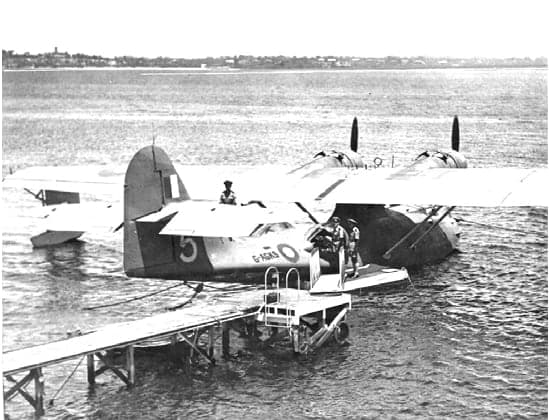 A Catalina of the secret Double Sunrise service at its base on the Swan River at Nedlands, Western Australia, in 1943. The flights crossed the Indian Ocean to Ceylon in radio silence, taking between 27 and 33 hours.
