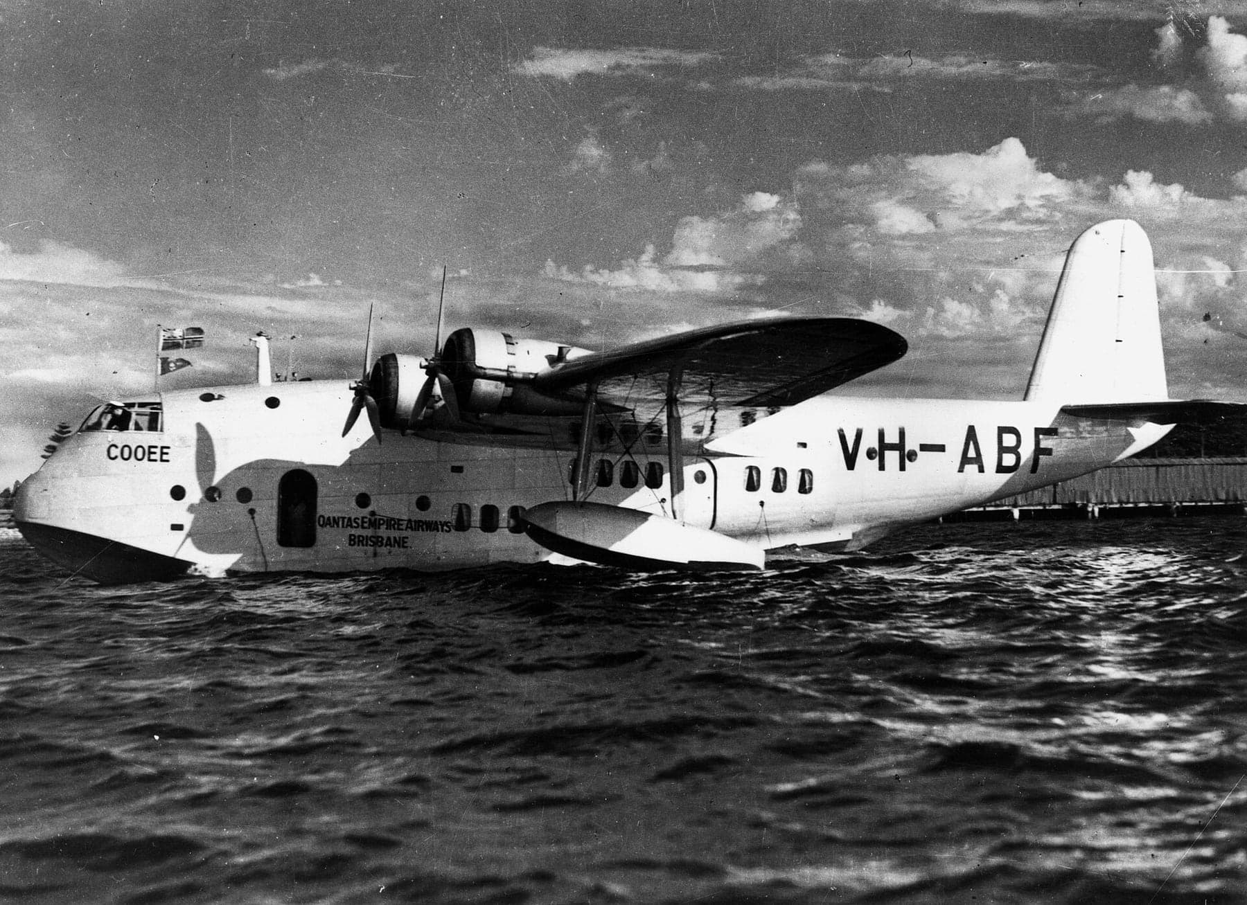 The Short S.23 Empire flying boat Cooee of Qantas Empire Airways, registered in Brisbane in May 1938 for the flying-boat service between Sydney and Southampton.