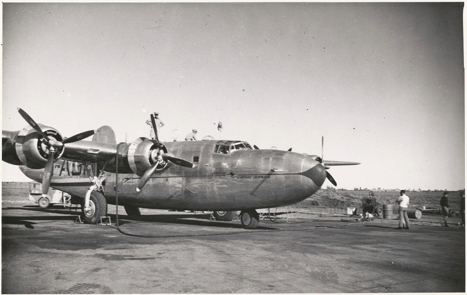 The Qantas Liberator G-AGKT refuelling at Learmonth, Western Australia, about 1945, before an Indian Ocean crossing on the service the Catalinas had opened.