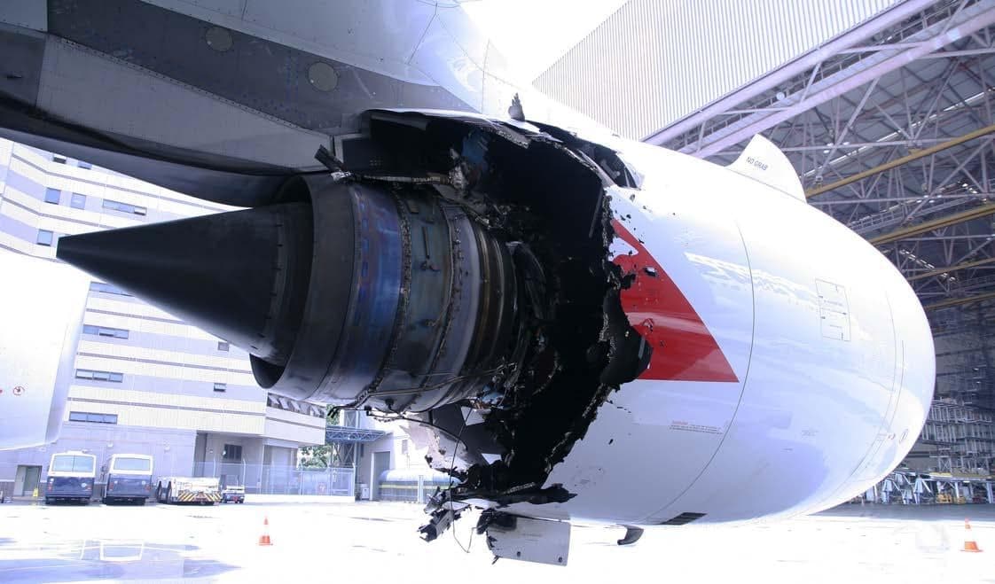 The left inboard Rolls-Royce Trent 900 of VH-OQA photographed by investigators after the uncontained failure on flight QF32, 4 November 2010. The aircraft landed at Singapore with no injuries to the 469 people on board.