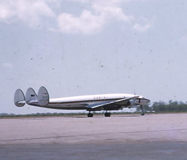 A Qantas Super Constellation taxiing at Darwin in 1961, near the end of the type's service on the route to Britain.