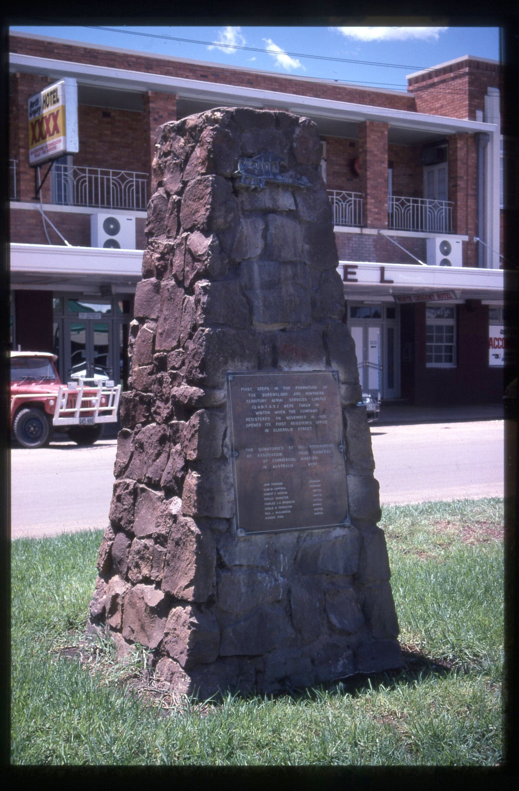 The Qantas memorial at Winton, western Queensland, marking the town where the company was registered in November 1920.