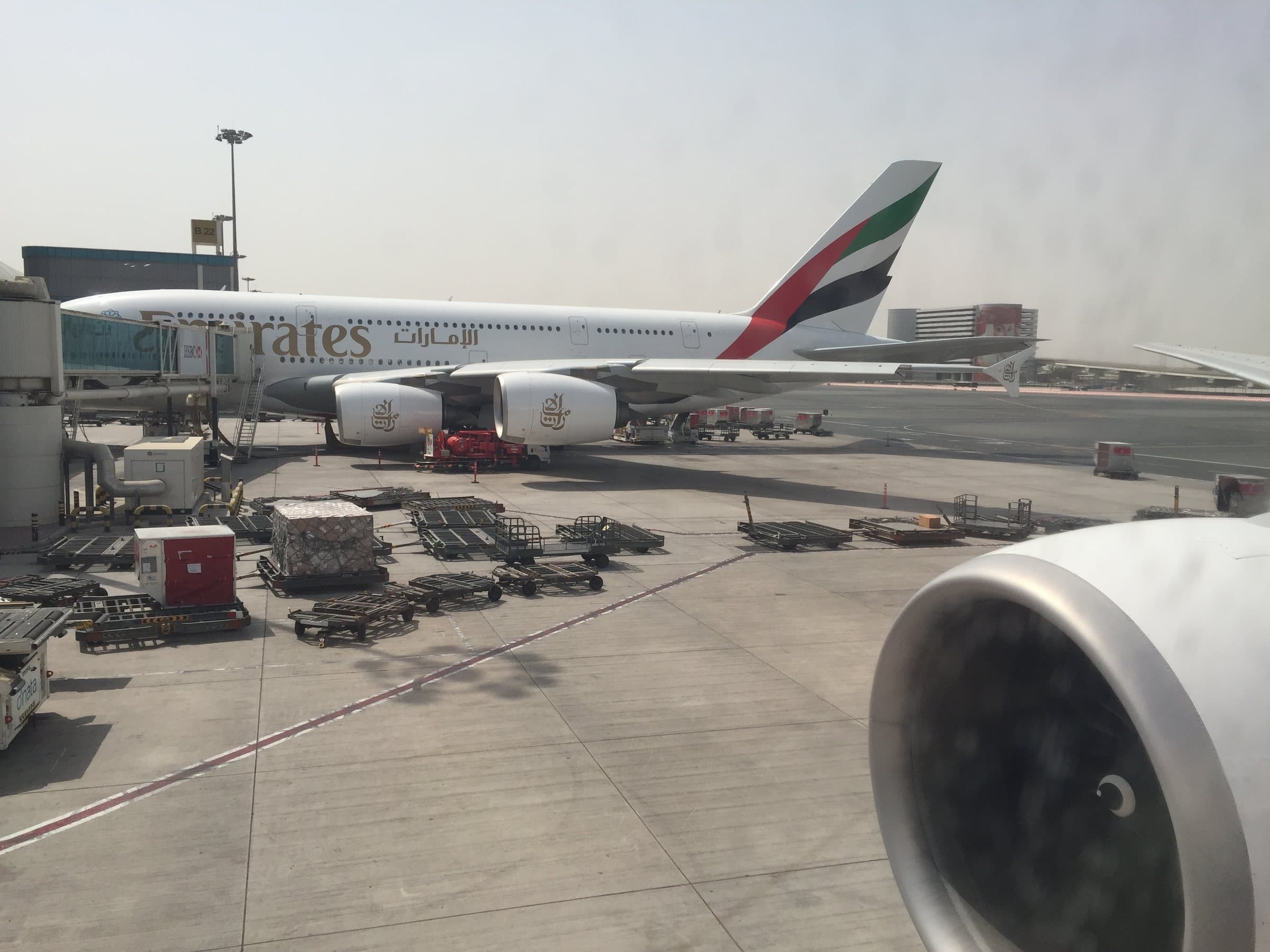 An Emirates Airbus A380 at the B gates in 2017